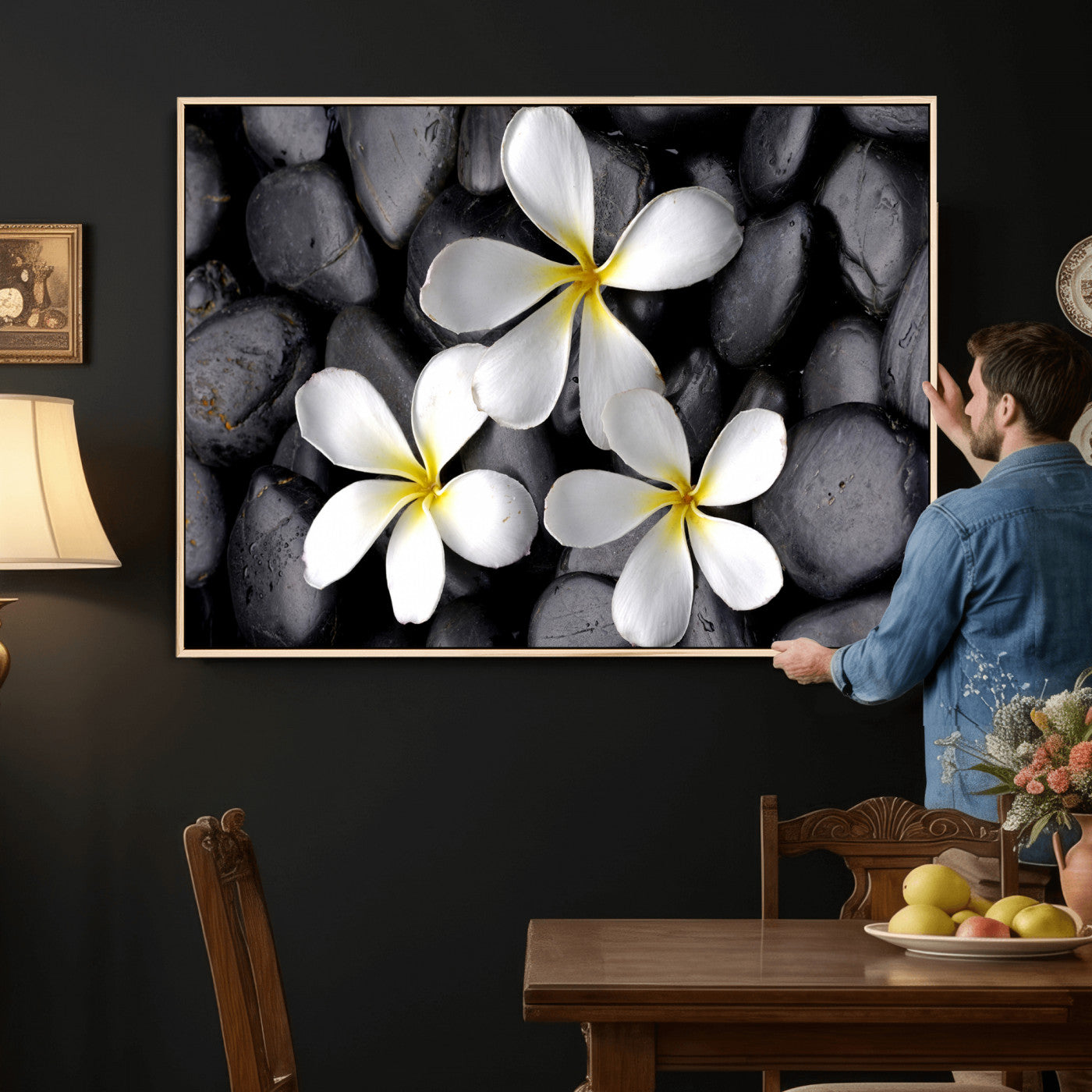 43639613-MGV-CV-36X24 - Plumeria Frangipani Black Stone Canvas | White Flower Spa Photography Print | Tropical Zen Wall Art | Grey Pebble Floral Decor