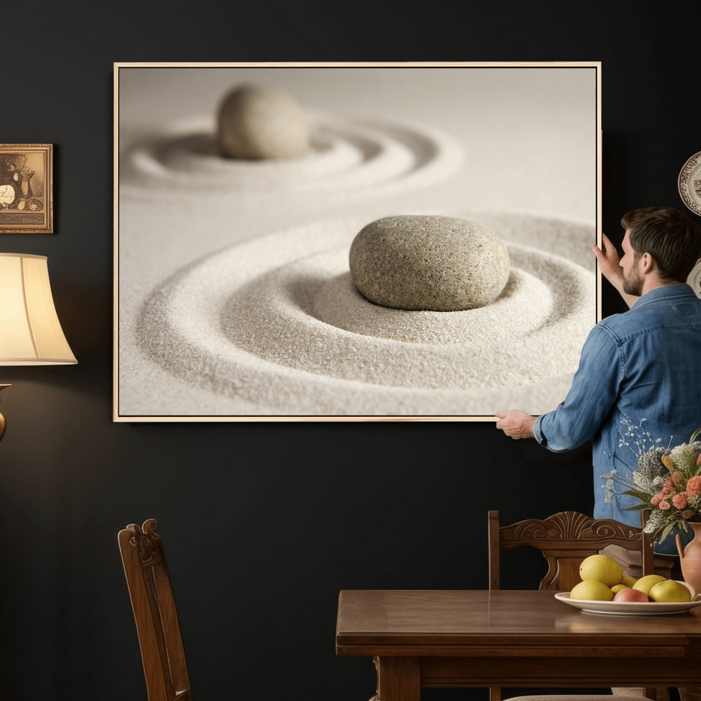 13397966-MGV-CV-36X24 - Zen Garden Stone Sand Canvas | Japanese Rock Garden Wall Art | Minimalist Meditation Print | Neutral Beige Mindfulness Decor
