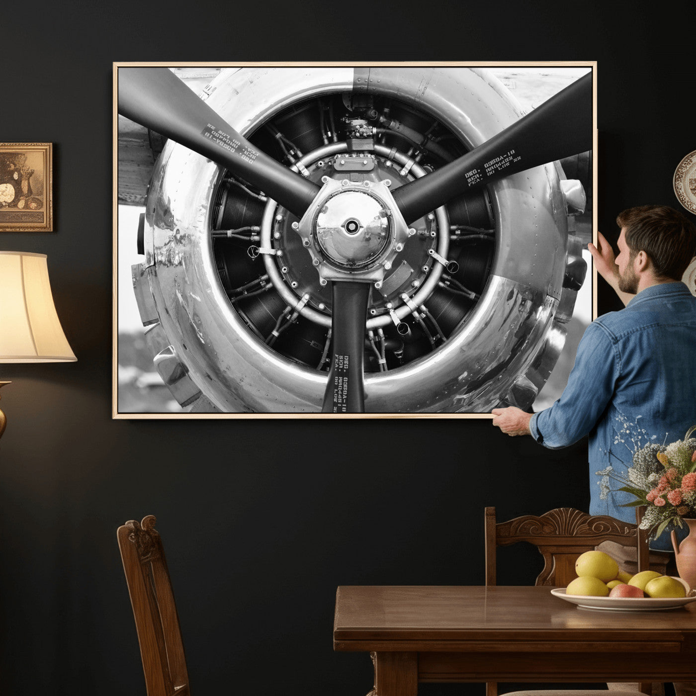 73322230-MGV-CV-36X24 - Vintage Propeller Plane Wall Art Canvas Print, Black and White Airplane Engine Close Up Framed Aviation Artwork for Pilot Office Hangar Decor