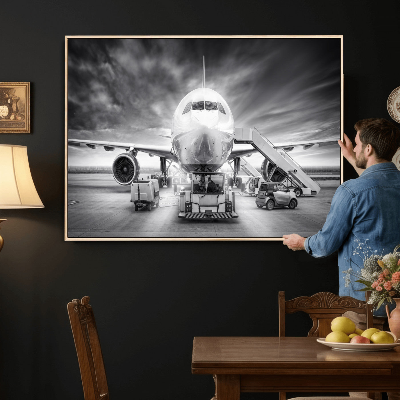 85885848-MGV-CV-36X24 - Airplane Wall Art Canvas Print, Black and White Jet Aircraft Airport Runway Framed Aviation Artwork for Pilot Office Hangar Travel Decor