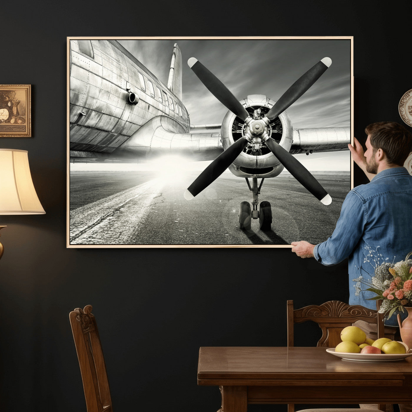16420255-MGV-CV-36X24 - Vintage Airplane Wall Art Canvas Print, Black and White Propeller Aircraft Framed Aviation Artwork for Pilot Office Hangar Living Room Decor