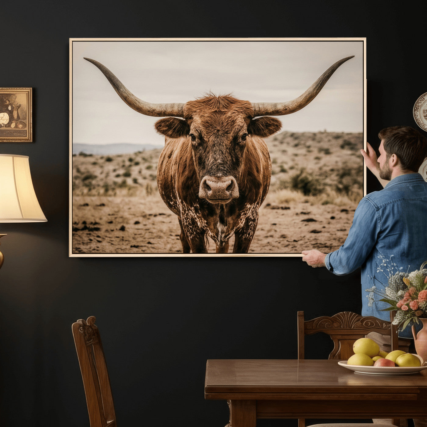 17622011K-MGV-CV-36X24 - Texas Longhorn Bull Wall Art Canvas Print, Western Farmhouse Cowboy Decor, Rustic Texas Ranch Cattle Artwork for Living Room Bedroom Office, Framed Wall Decor