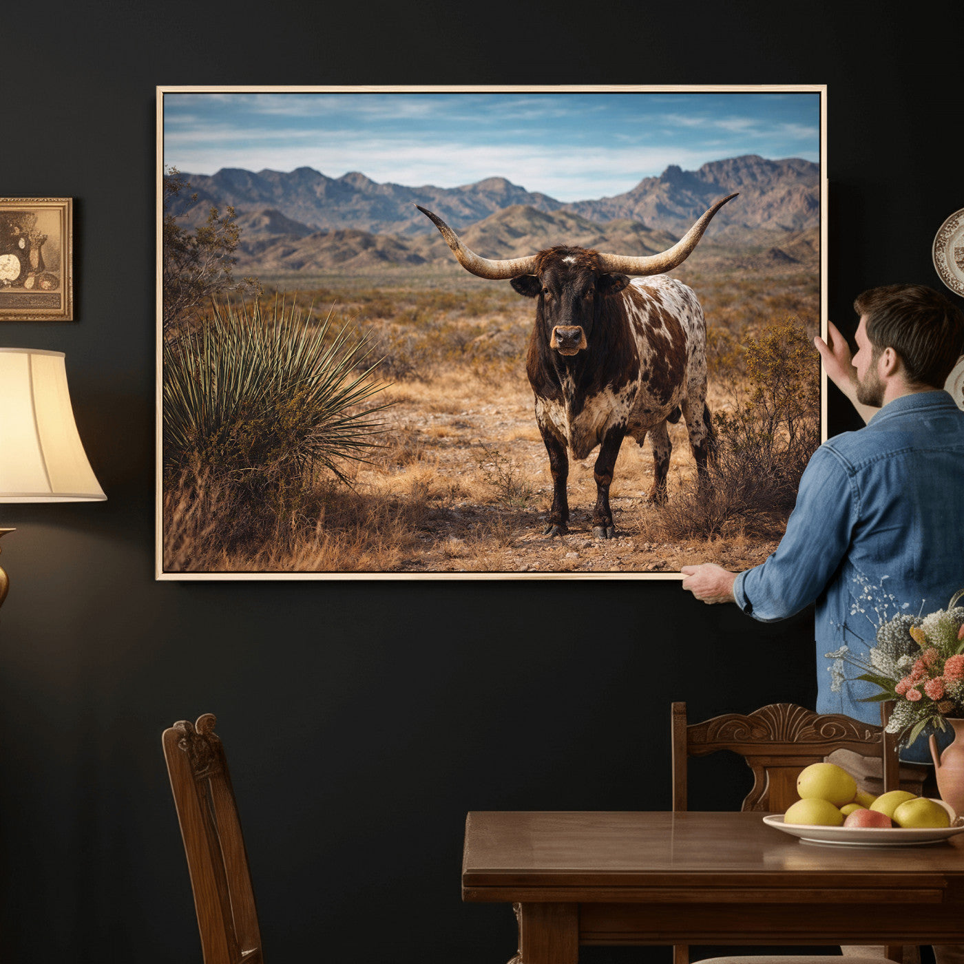 17622011S-MGV-CV-36X24 - Texas Longhorn Bull Wall Art Canvas Print, Western Farmhouse Cowboy Decor, Rustic Texas Ranch Cattle Artwork for Living Room Bedroom Office, Framed Wall Decor