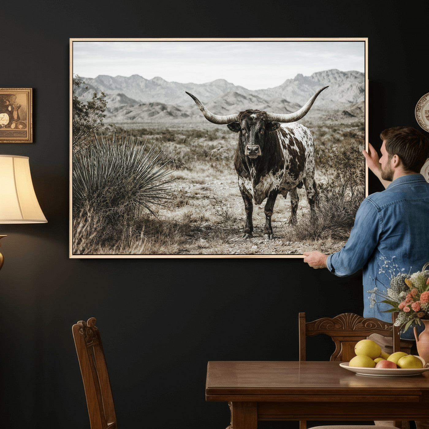 17622011H-MGV-CV-36X24 - Texas Longhorn Bull Wall Art Canvas Print, Western Farmhouse Cowboy Decor, Rustic Texas Ranch Cattle Artwork for Living Room Bedroom Office, Framed Wall Decor