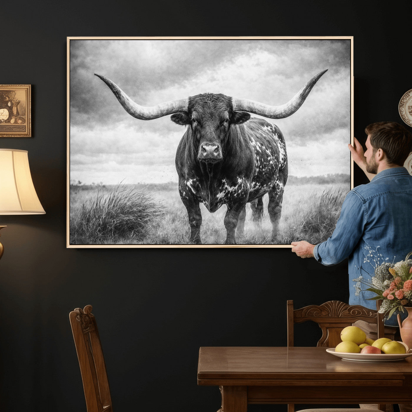 19951238-MGV-CV-36X24 - Texas Longhorn Canvas Wall Art Western Bull Desert Moody Grey Overcast Rustic Farmhouse Framed Large for Living Room Bedroom Office Decor