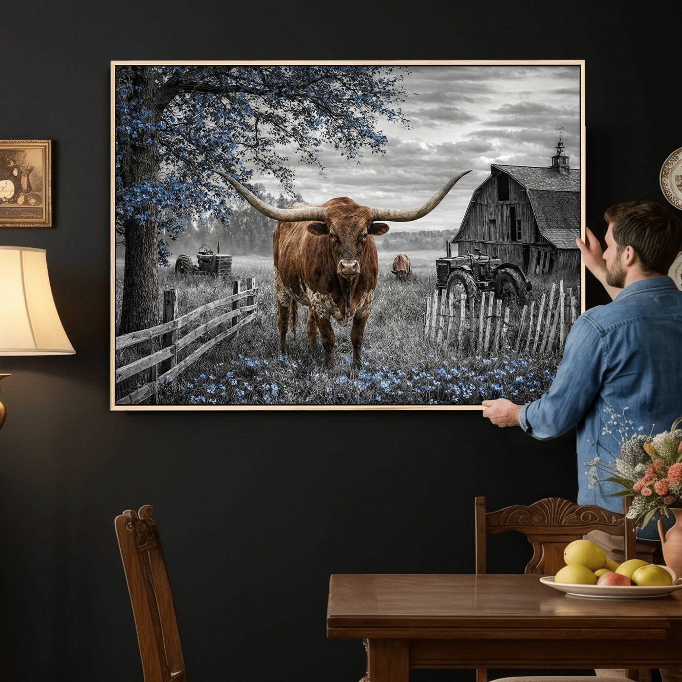 19366343-MGV-CV-36X24 - Texas Longhorn Canvas Wall Art, Rustic Farm Barn Bluebonnet Photography Print, Farmhouse Country Decor, Western Ranch Art, Old Truck Tractor Print