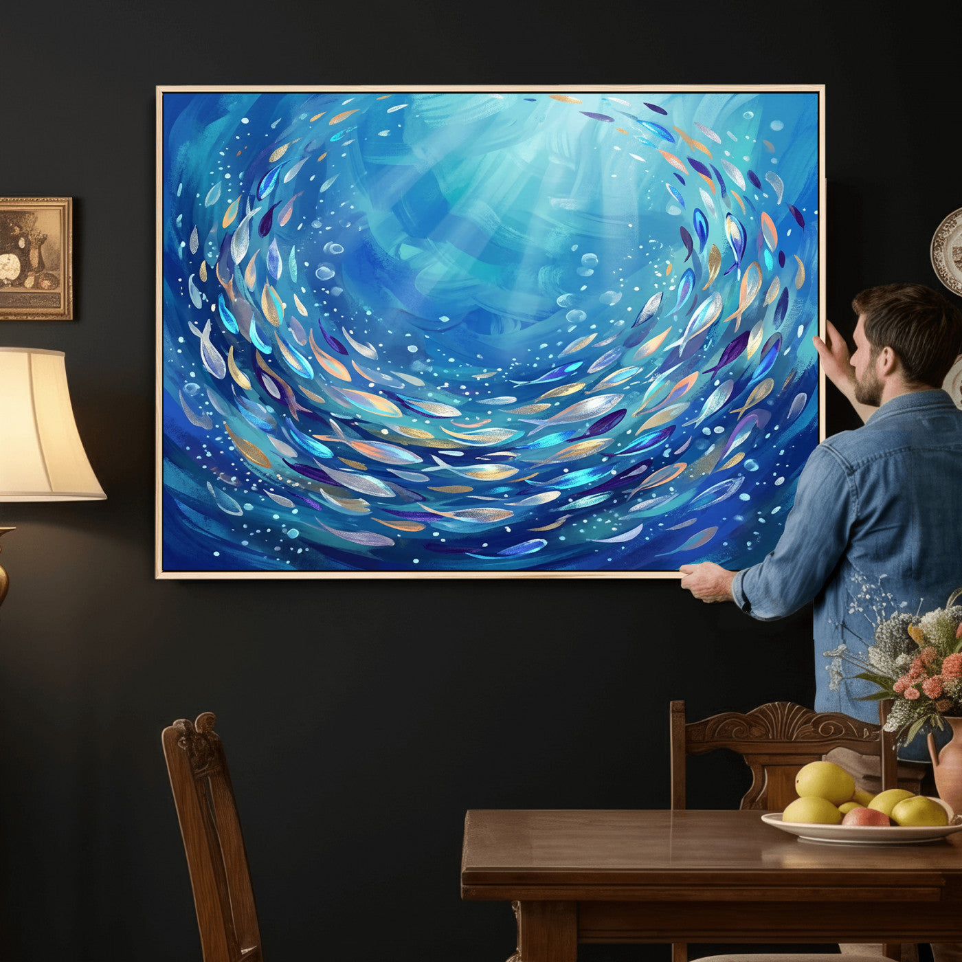 78699899-MGV-CV-36X24 - School of Fish Canvas Print | Blue Ocean Underwater Wall Art | Swirling Fish Shoal Illustration | Marine Navy Coastal Decor