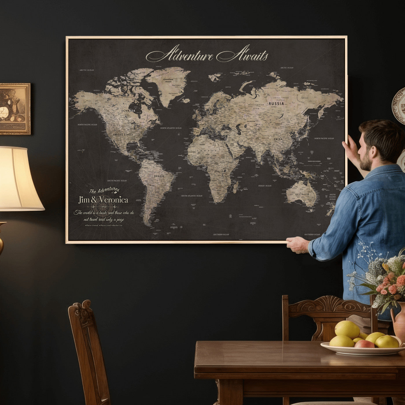 56556018136C-MGV-CV-36X24 - Custom World Map with Pins Canvas Wall Art Dark Charcoal Antique Tan Detailed Every Country Labeled Framed Large for Home Office Living Room Bedroom Decor