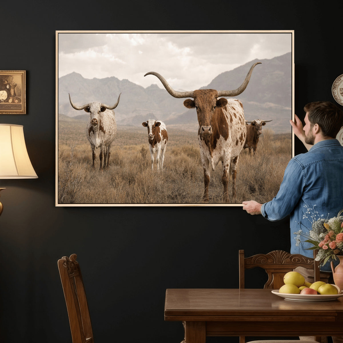 62336425AD-MGV-CV-36X24 - Rustic Texas Longhorn Cow Canvas Wall Art Print, Rustic Farm Animal Photography Print, Farmhouse Country Decor, Western Ranch Art