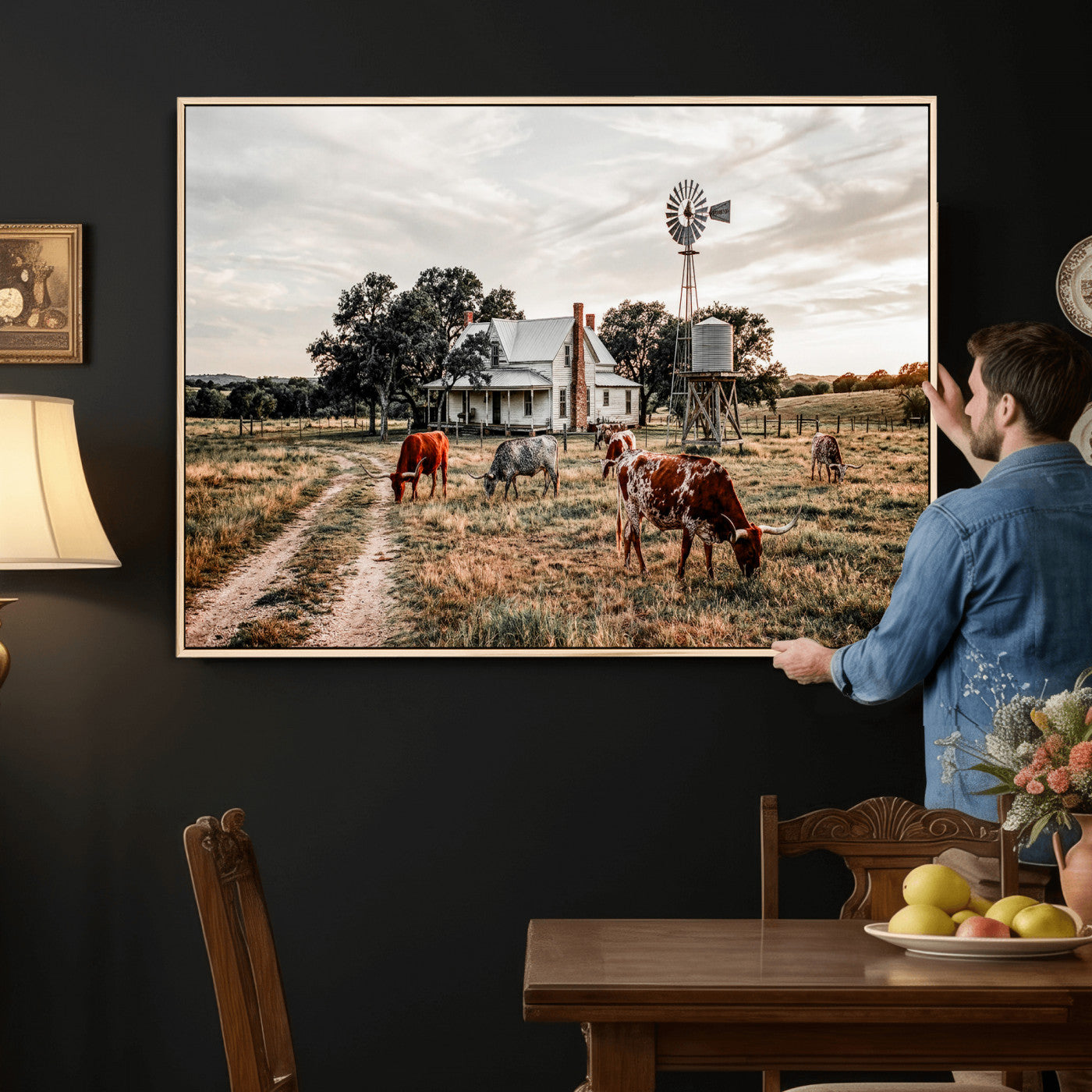 92429425-MGV-CV-36X24 - Texas Longhorn Ranch Wall Art Canvas Print, Rustic Western Farmhouse Decor, Country Landscape Canvas Wall Art, Vintage Cowboy Ranch Picture