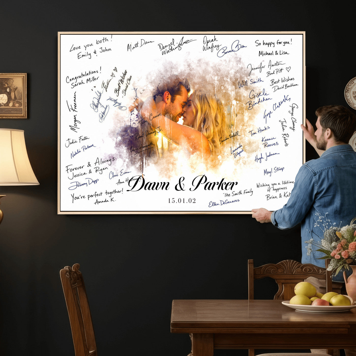 74713307-MGV-CV-36X24 - Wedding Guest Book Alternative Wall Art Canvas Print, Personalized Wedding Signature Poster, Custom Couple Photo Guestbook Canvas, Bridal Shower Reception Decor