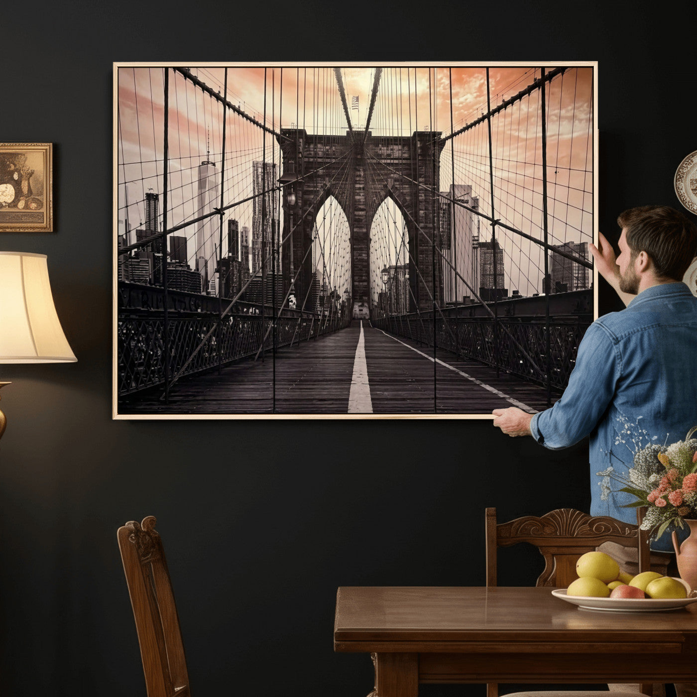 93226664-MGV-CV-36X24 - Brooklyn Bridge Canvas Wall Art, New York City Skyline Photography Print, NYC Landmark Urban Decor Artwork