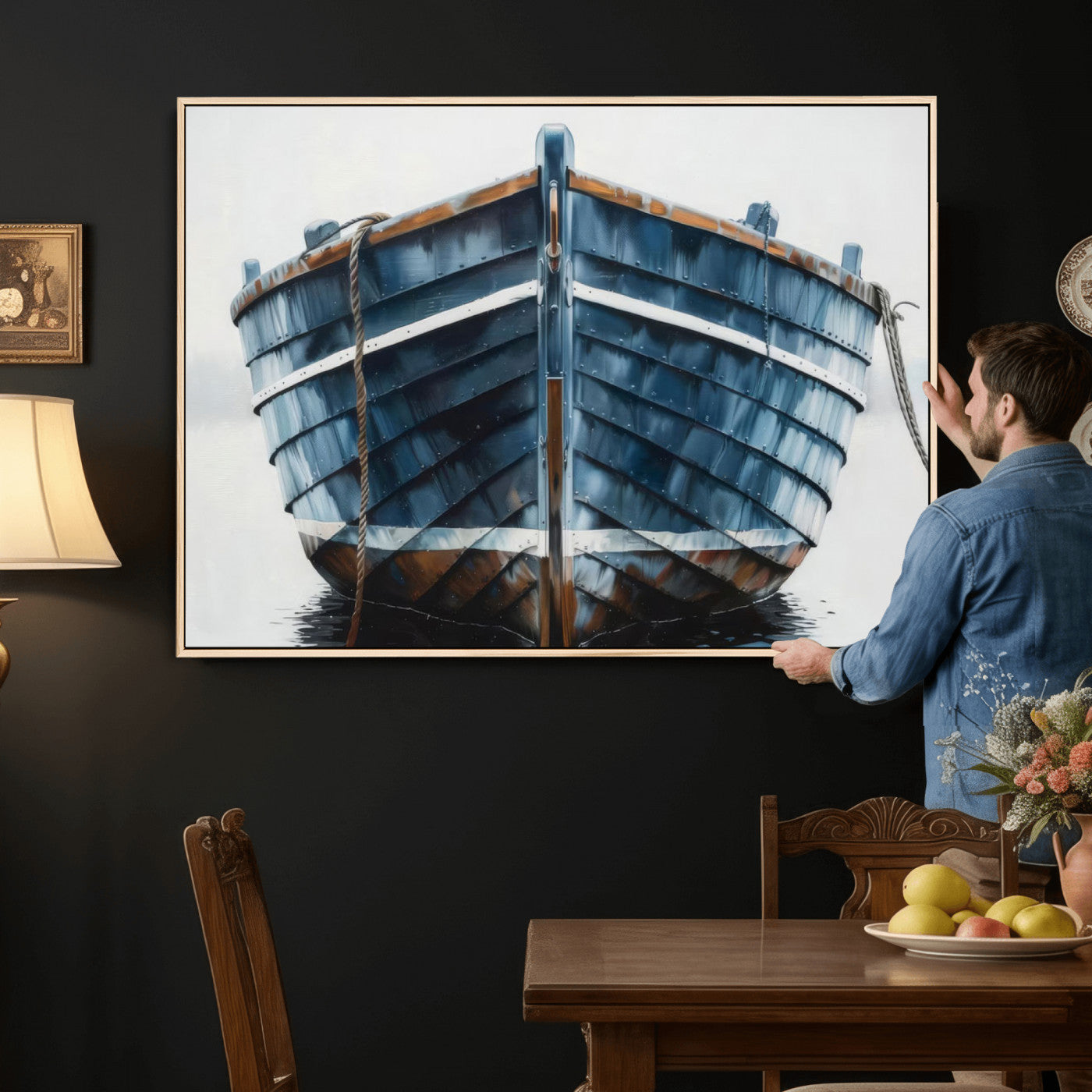 21601740-MGV-CV-36X24 - Blue Wooden Rowboat Canvas Wall Art, Coastal Nautical Boat Painting Print for Lake Beach House Decor, Minimalist Maritime Decor Artwork
