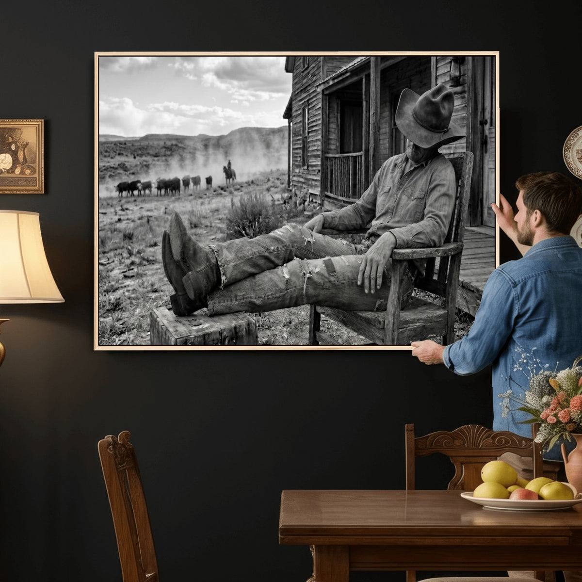 94461975S-MGV-CV-36X24 - Vintage Sleeping Cowboy Wall Art Canvas Print, Western Home Decor
