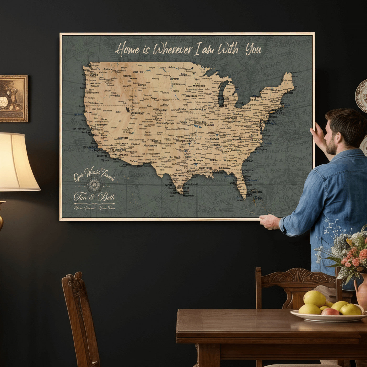 41270900-MGV-CV-36X24 - Custom Push Pin US Map Canvas | Personalized Travel Tracker | USA Cities Map Anniversary Gift for Couples | Adventure America Map Wall Art with Pins