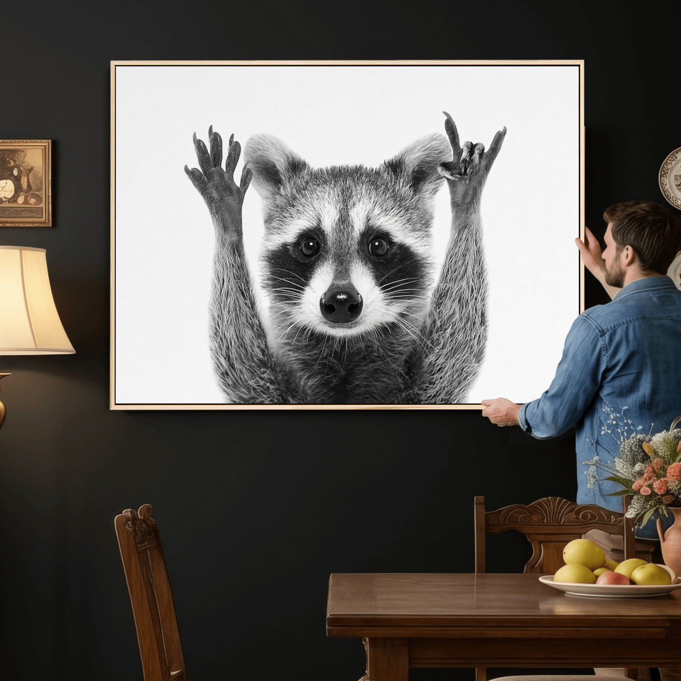 82392228-MGV-CV-36X24 - Funny Raccoon Canvas Wall Art, Black White Hands Up Animal Photo Print, Humorous Wildlife Decor, Kids Room Nursery Art, Quirky Animal Gift