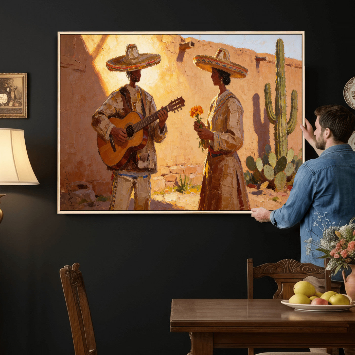 41849005-MGV-CV-36X24 - Mexican Couple Canvas Wall Art, Romantic Serenade Guitar Painting Print, Southwestern Desert Adobe Decor, Warm Golden Folk Art, Living Room Art
