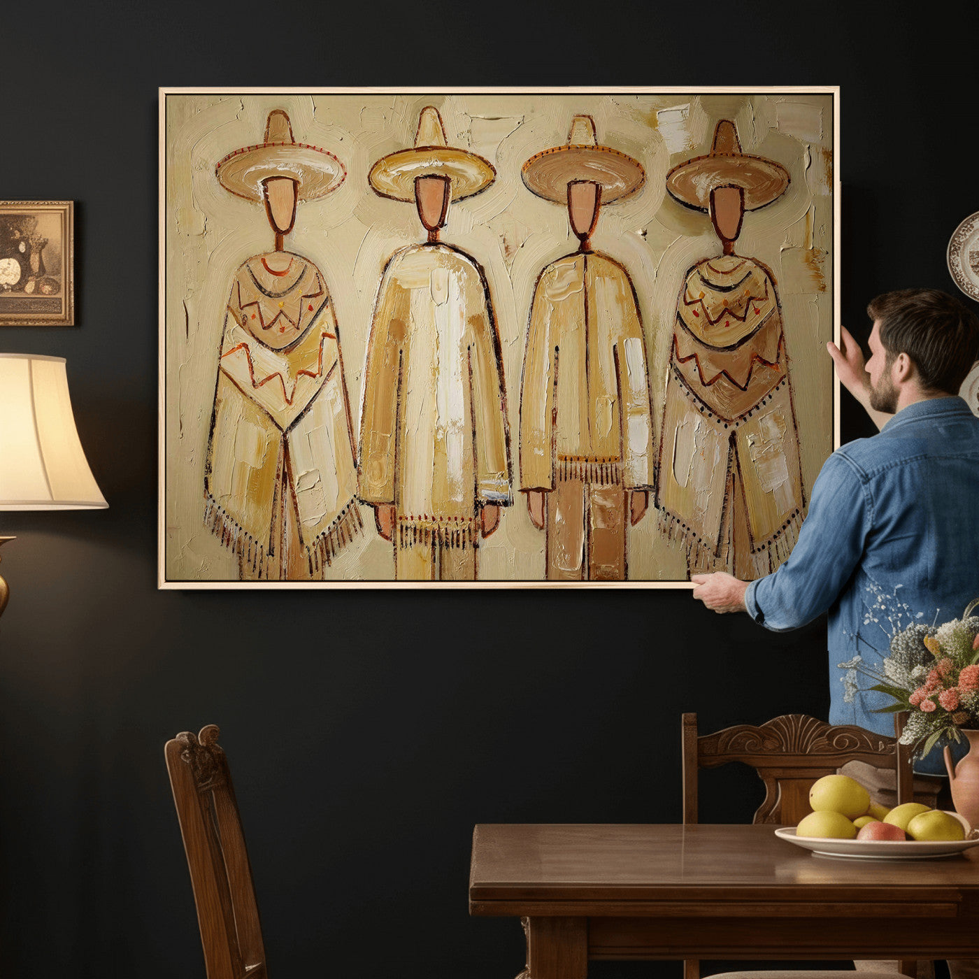 46071653-MGV-CV-36X24 - Mexican Folk Art Canvas Wall Art, Charro Poncho Sombrero Painting Print, Neutral Beige Boho Decor, Southwestern Impasto Style, Living Room Art