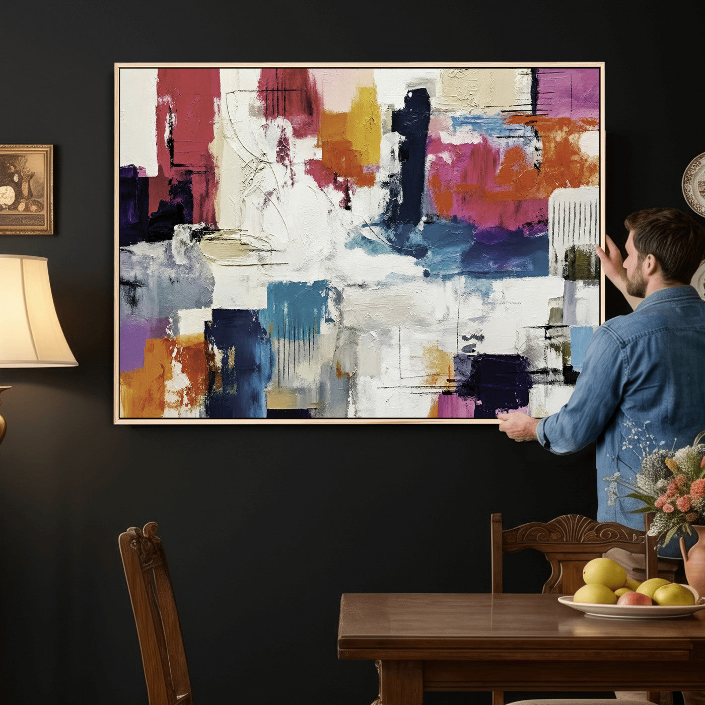 57864023-MGV-CV-36X24 - Blue Teal Abstract Canvas Wall Art, Modern Textured Painting Print, Navy Orange White Contemporary Art, Neutral Living Room Decor, Office Art