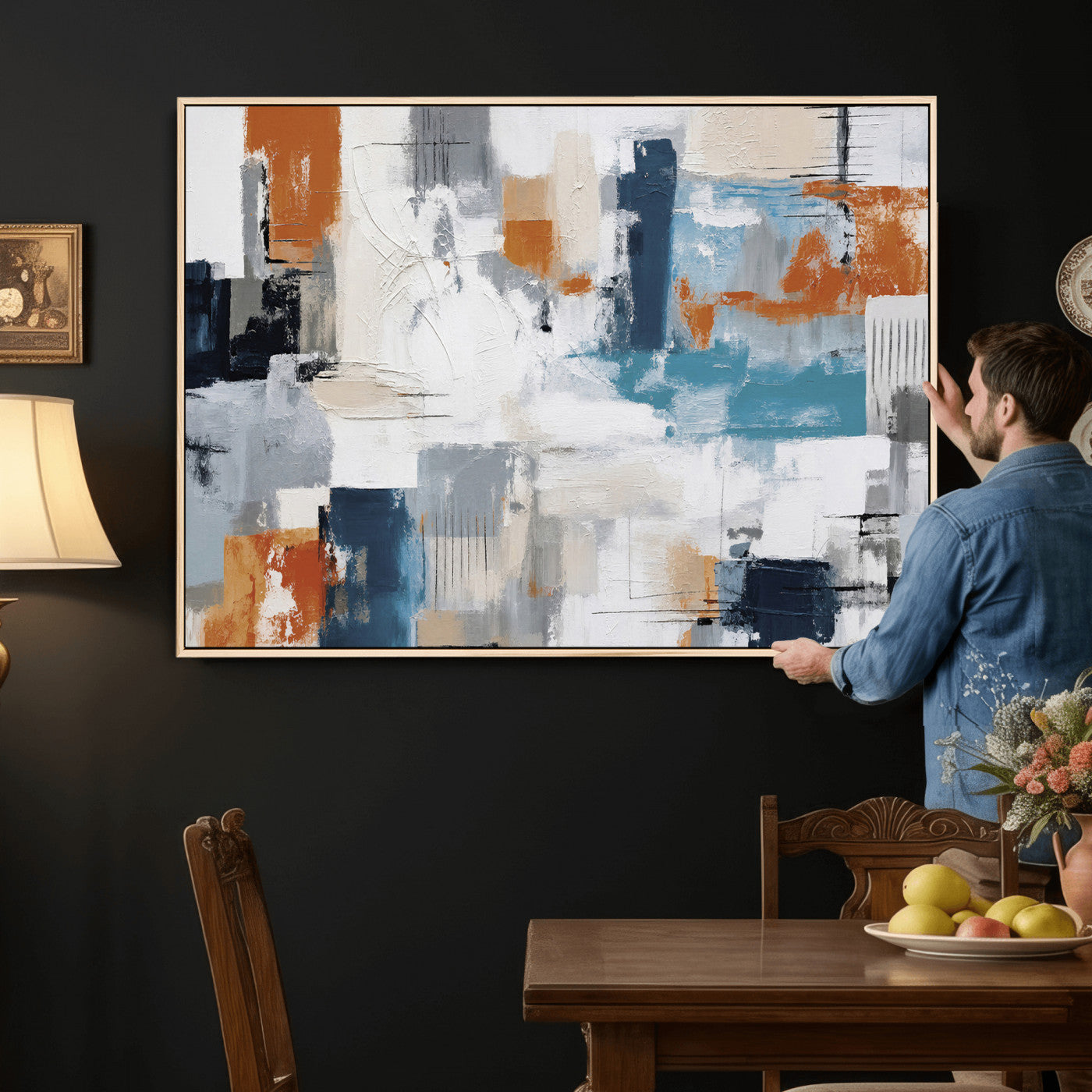 44950303-MGV-CV-36X24 - Blue Teal Abstract Canvas Wall Art, Modern Textured Painting Print, Navy Orange White Contemporary Art, Neutral Living Room Decor, Office Art