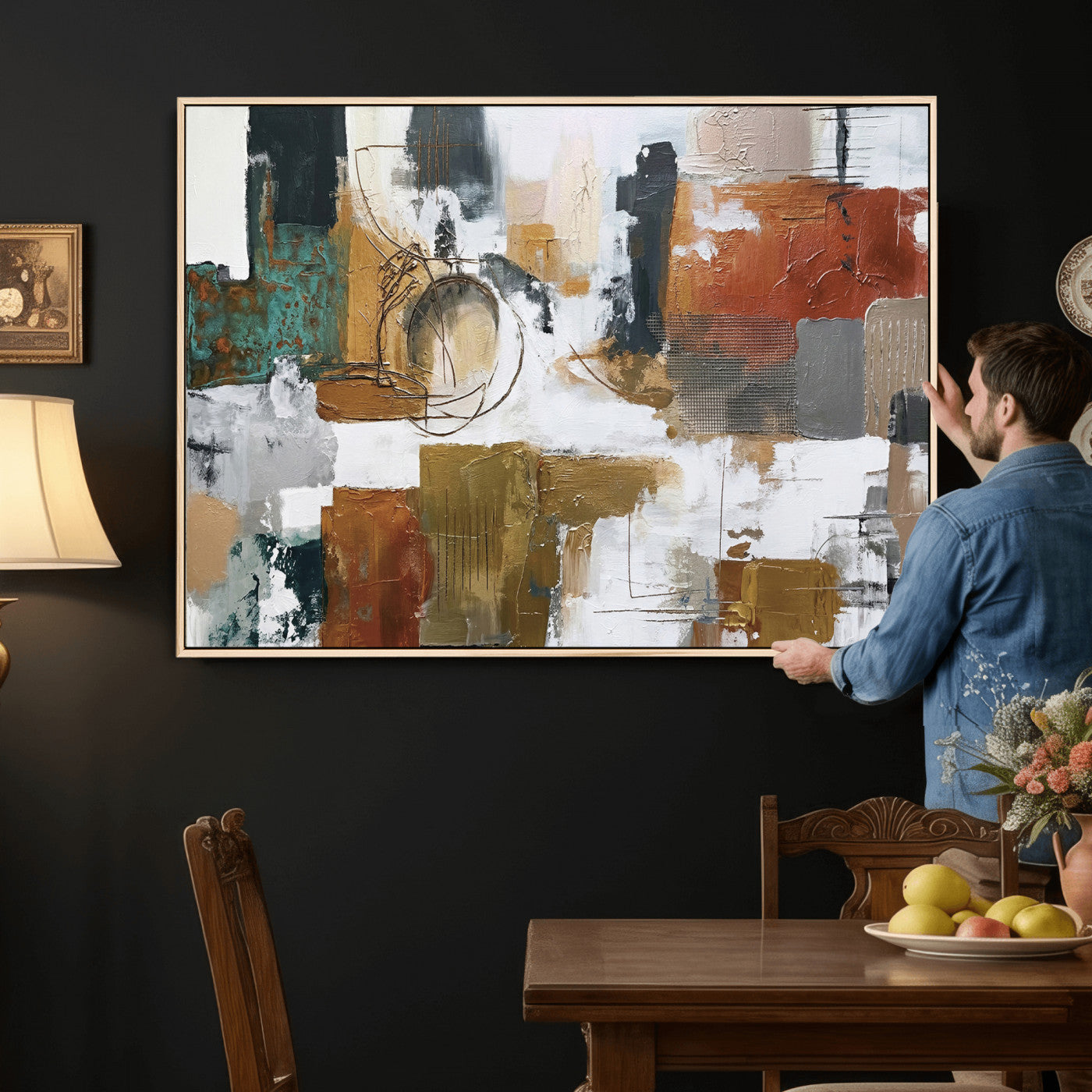 50720312-MGV-CV-36X24 - Blue Teal Abstract Canvas Wall Art, Modern Textured Painting Print, Navy Orange White Contemporary Art, Neutral Living Room Decor, Office Art