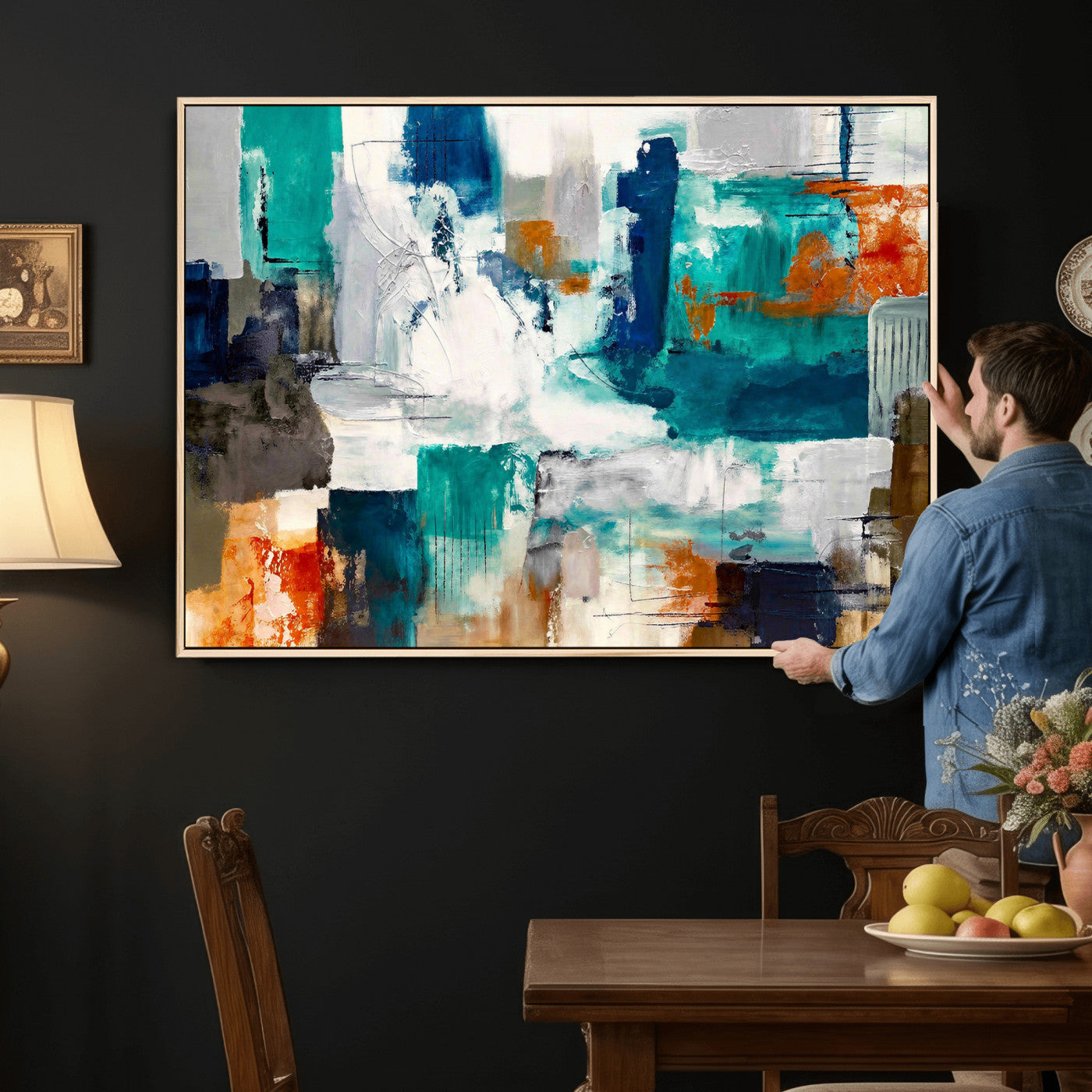 44038089-MGV-CV-36X24 - Blue Teal Abstract Canvas Wall Art, Modern Textured Painting Print, Navy Orange White Contemporary Art, Neutral Living Room Decor, Office Art