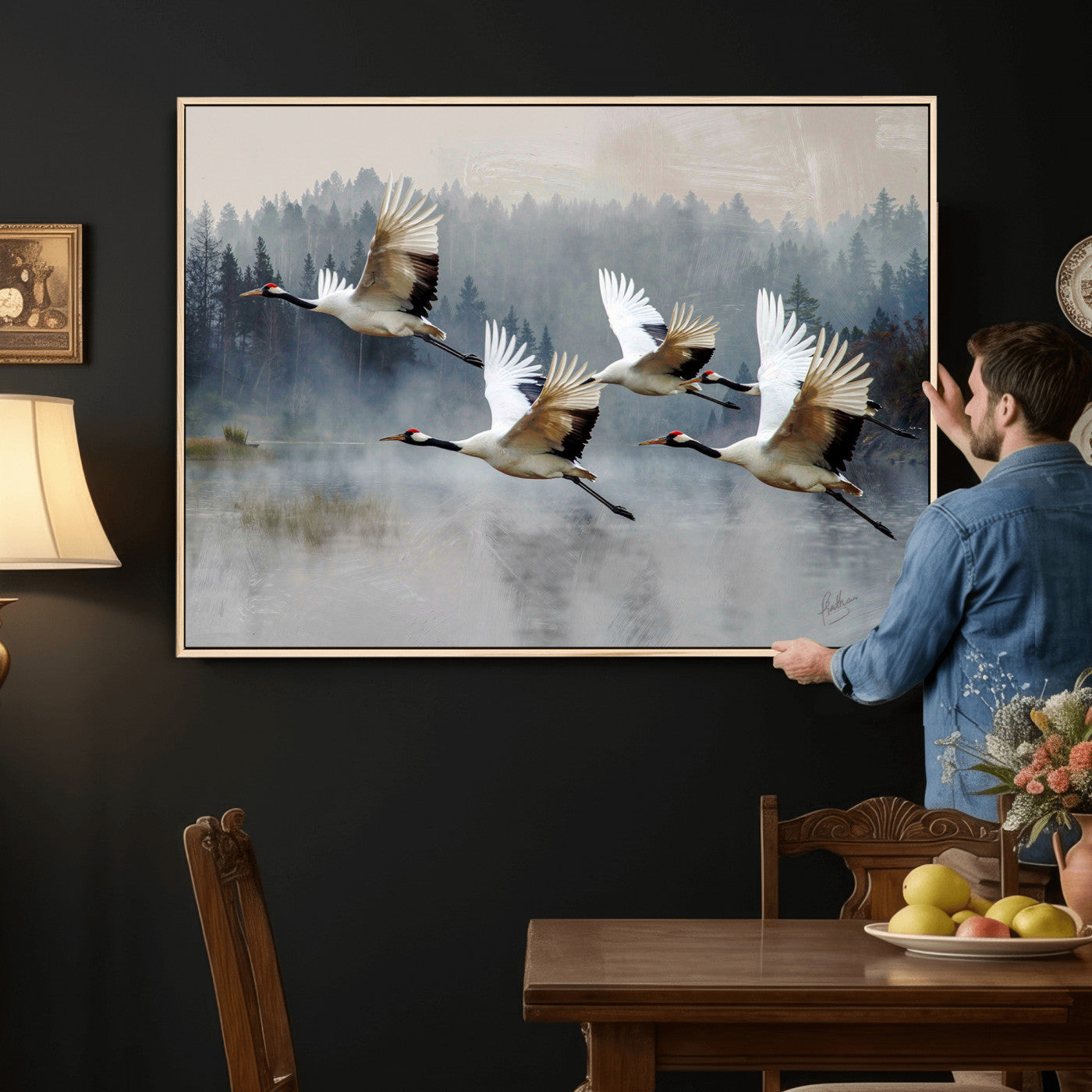 24356826-MGV-CV-36X24 - Flying Crane Canvas Wall Art Print, White Crane Bird Artwork, Wildlife Nature Decor, Lake Landscape Canvas, Ready to Hang