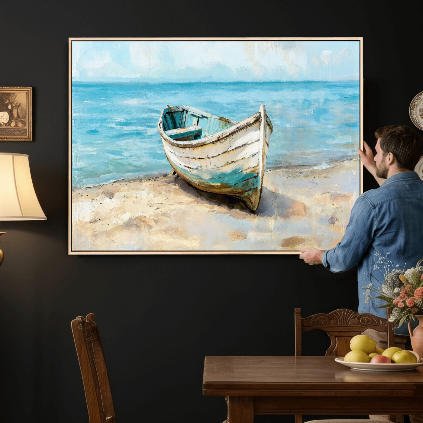 14780565-MGV-CV-36X24 - Coastal Boat Canvas Wall Art Print, Beach Boat Painting, Nautical Ocean Decor, Seascape Wall Art, Ready to Hang