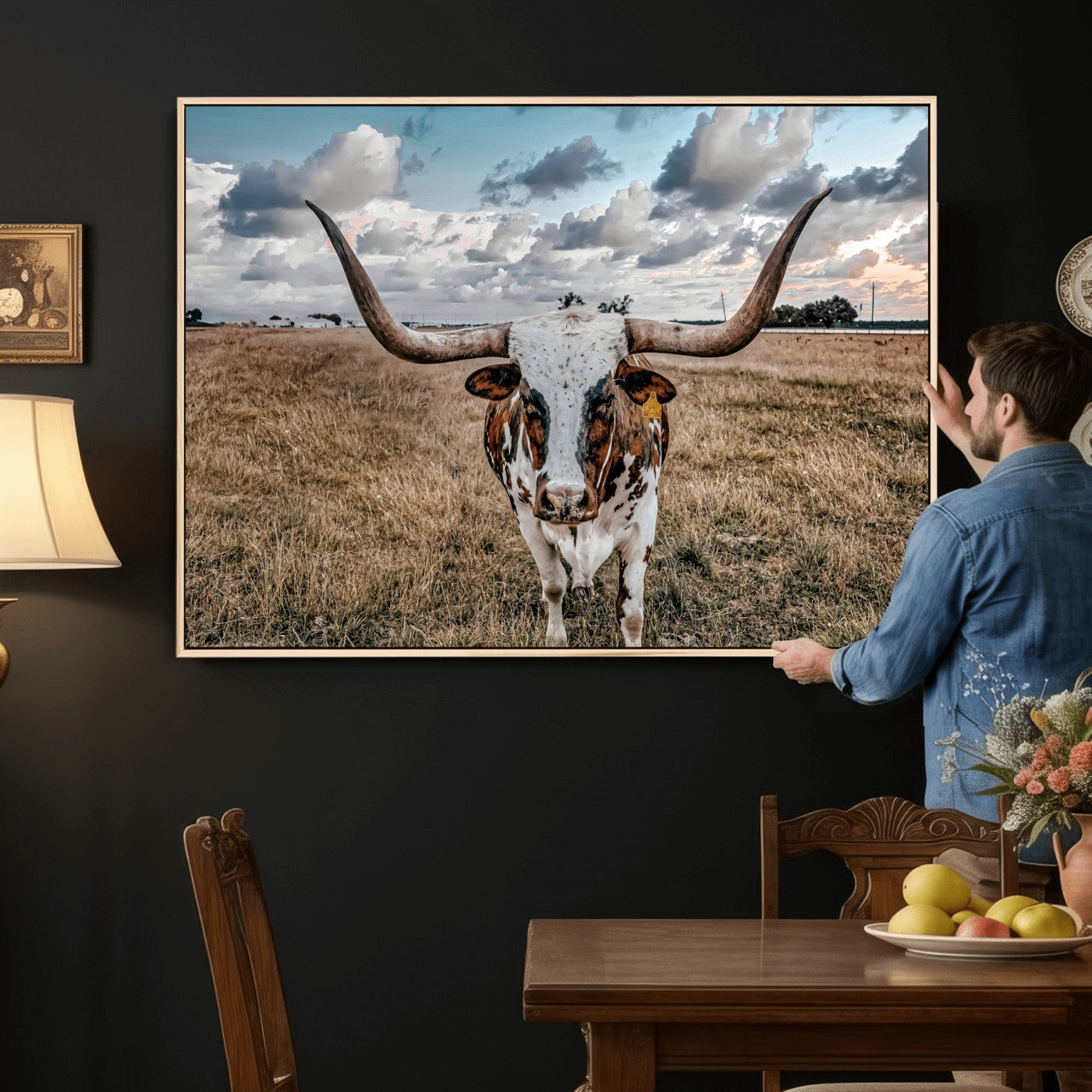 17464823-MGV-CV-36X24 - Texas Longhorn Canvas Wall Art Print - Western Cow Photography, Rustic Ranch Decor, Farmhouse Wall Art, Ready to Hang