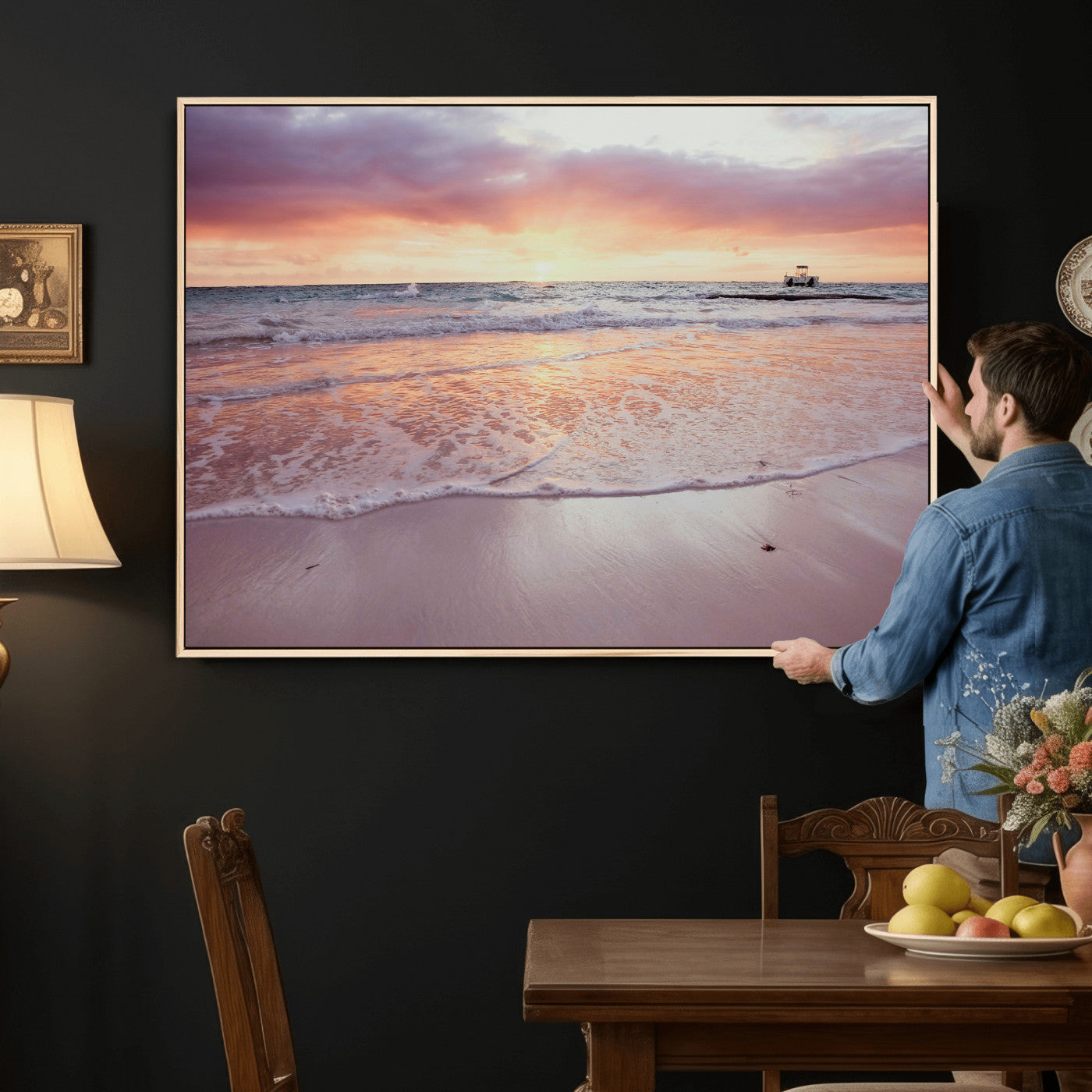 44765395-MGV-CV-36X24 - Beach Sunset Canvas Wall Art Print - Ocean Waves Landscape, Coastal Photography, Seascape Wall Decor, Ready to Hang