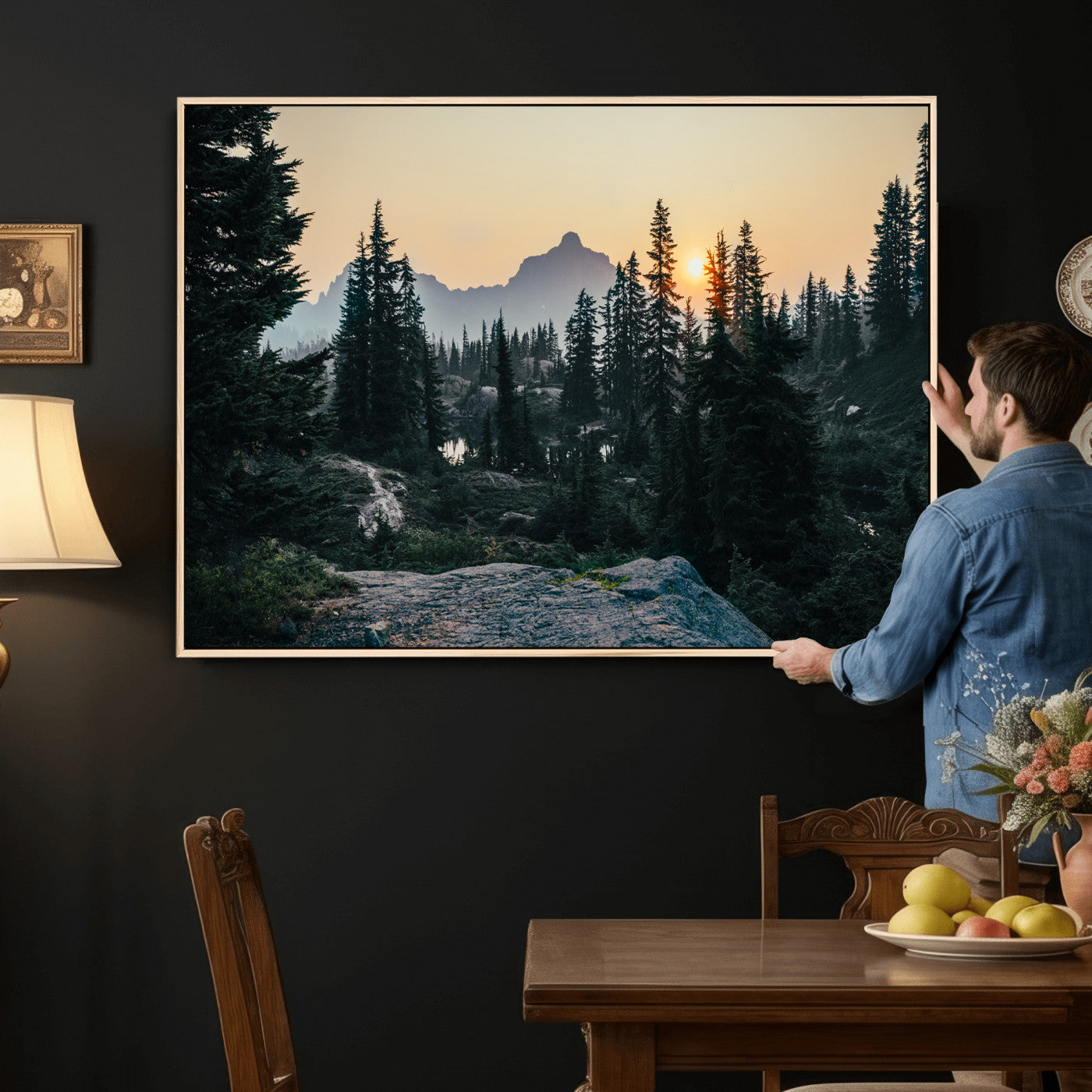 89996020-MGV-CV-36X24 - Mountain Forest Canvas Wall Art Print, Pine Tree Landscape, Sunset Nature Photography, Wilderness Wall Decor, Ready to Hang