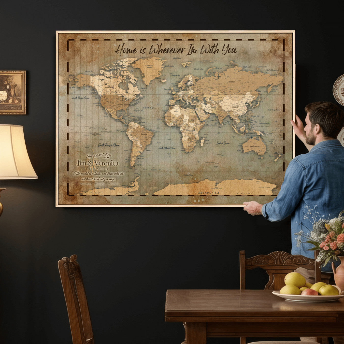 97123877-MGV-CV-36X24 - Vintage Custom Push Pin World Map Print | Vintage Travel Map Canvas, Personalized Names Anniversary Gift, Places Visited Pin Board