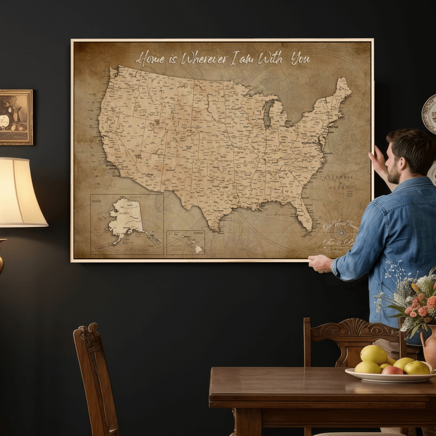 21454917-MGV-CV-36X24 - Personalized USA Push Pin Travel Map, Custom United States Map, Push Pin Map, USA Bucket List Map, Anniversary Gift | Couple Travel Map Wall Art