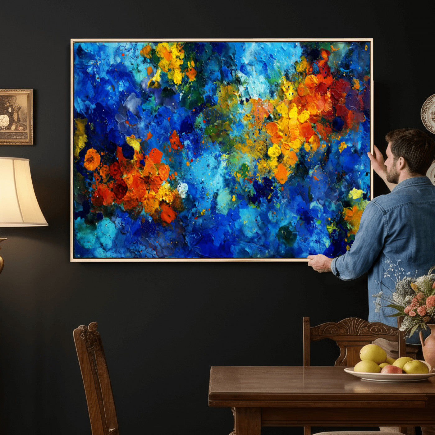 52431611-MGV-CV-36X24 - Vibrant Blue Abstract Canvas Wall Art Colorful Impasto Oil Painting Print