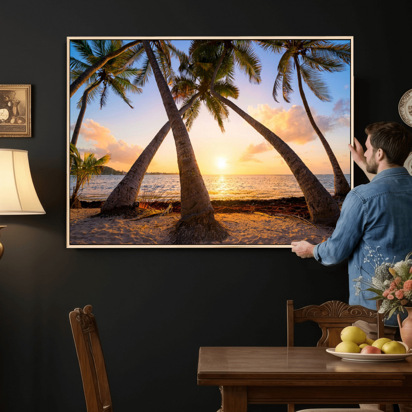 75123213-MGV-CV-36X24 - Tropical Island Coconut Palm Trees Sunset Wall Art Canvas Print - Turquoise Beach Print for Nautical Home Decor