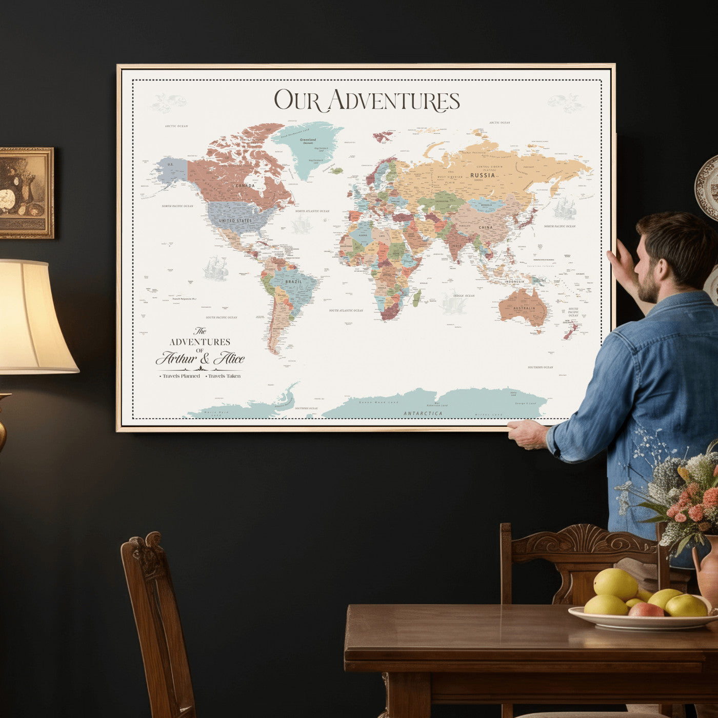 NEWMAP-4-MGV-CV-36X24 - Push Pin Customize World Map with Pins Board Wall Art Canvas Print