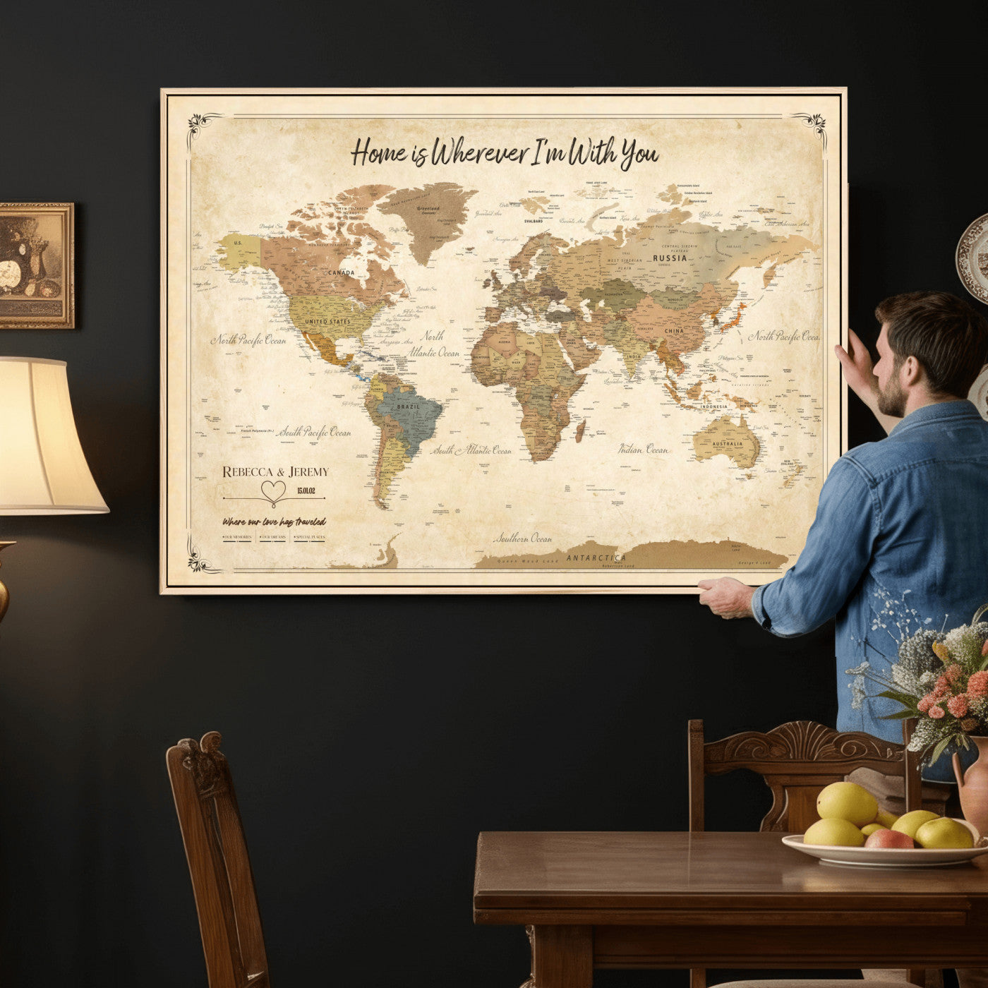40086165-MGV-TP-30X20 - Framed Vintage Custom Push Pin World Map Canvas Print – Personalized Travel Map Wall Art