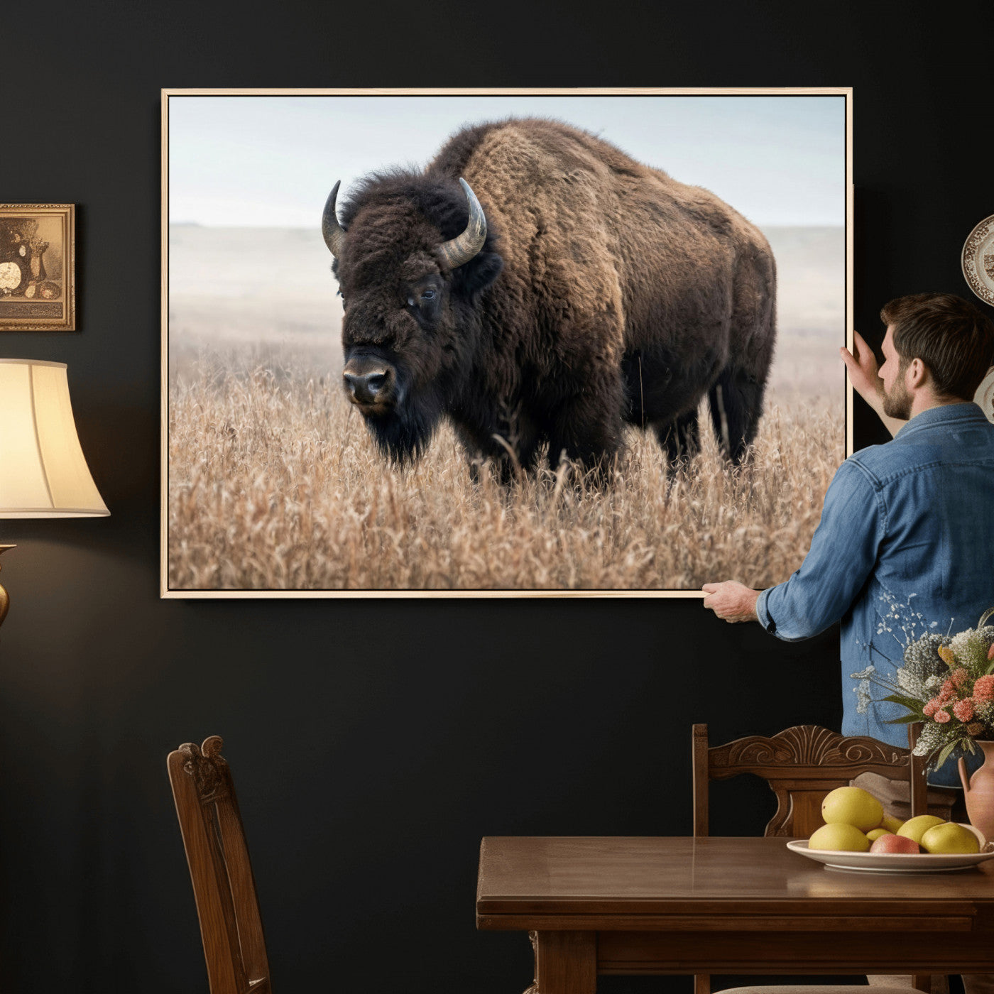 81029583-MGV-CV-36X24 - American Bison in Prairie Field Wall Art Canvas Print - Rustic Wildlife Photography