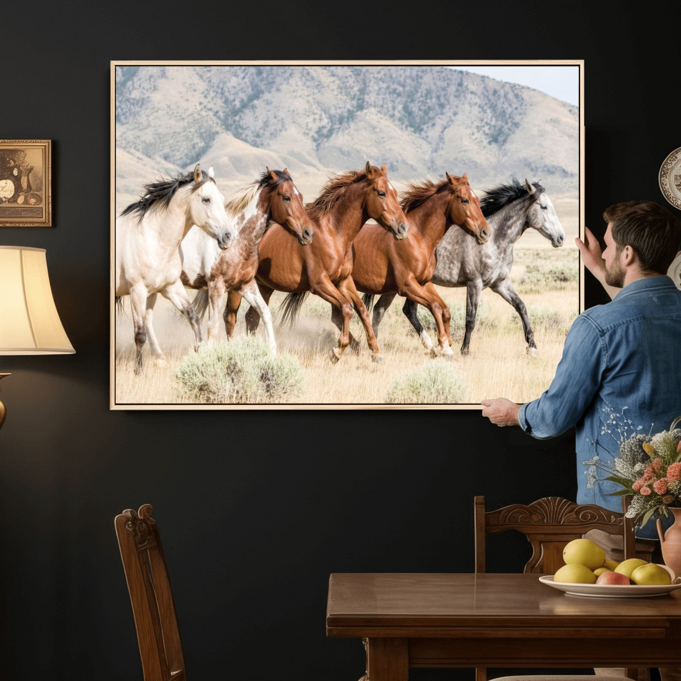 68345893-MGV-CV-36X24 - Five Mustangs Running Wild in Mountain Valley Wall Art Canvas Print - Rustic Western Decor