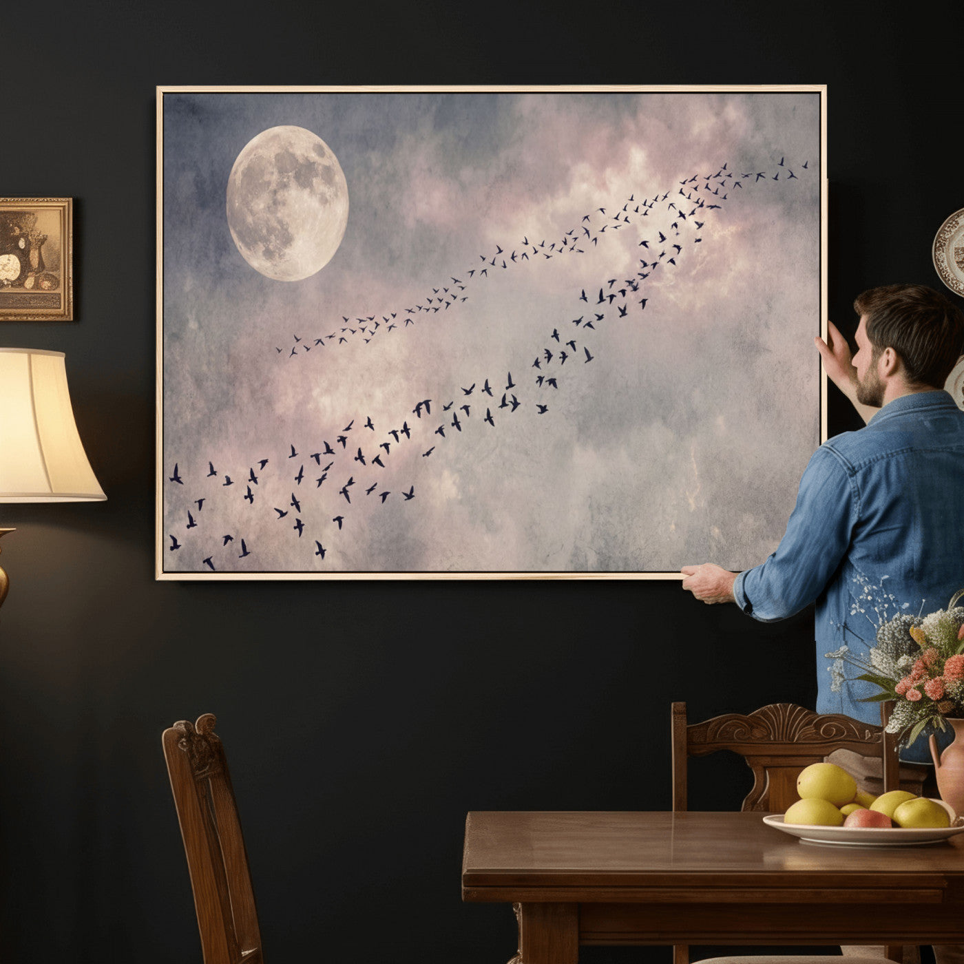 52339590-MGV-CV-36X24 - Birds Flying to Moon Wall Art Canvas Print - Vintage Surreal Night Sky Sky Print
