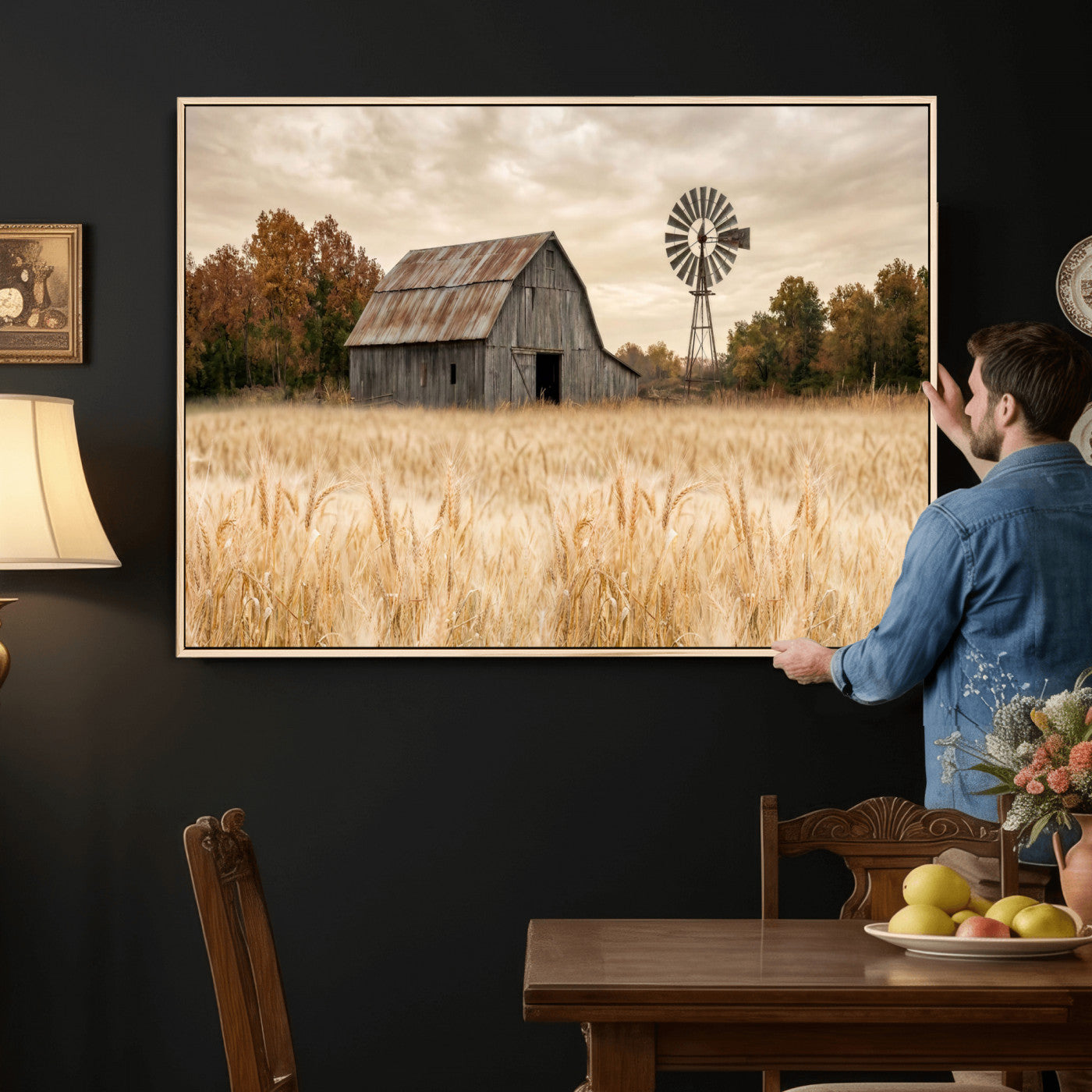99640659-MGV-CV-36X24 - Rustic Farmhouse Barn and Windmill Wall Art Canvas Print, Country Landscape Photography Print