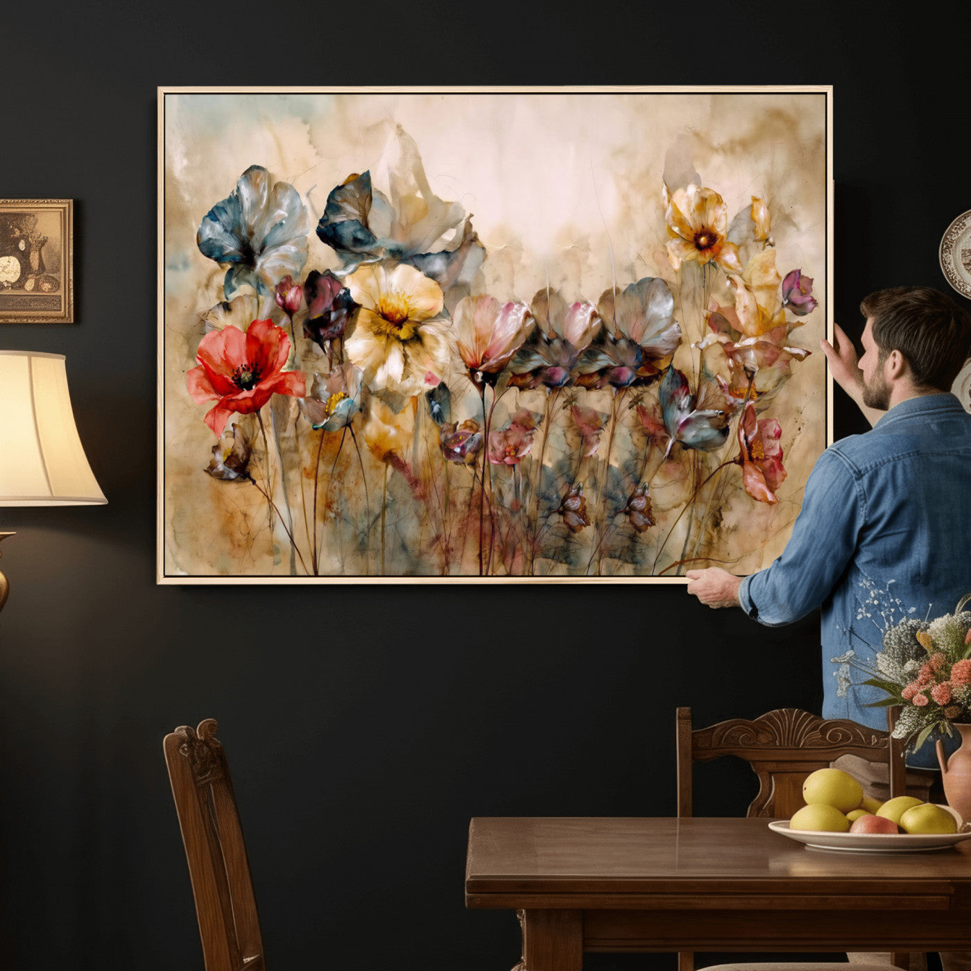 11407233-MGV-CV-36X24 - Vintage Dried Floral Meadow Wall Art Canvas Print, Translucent Watercolor Flowers Painting Print