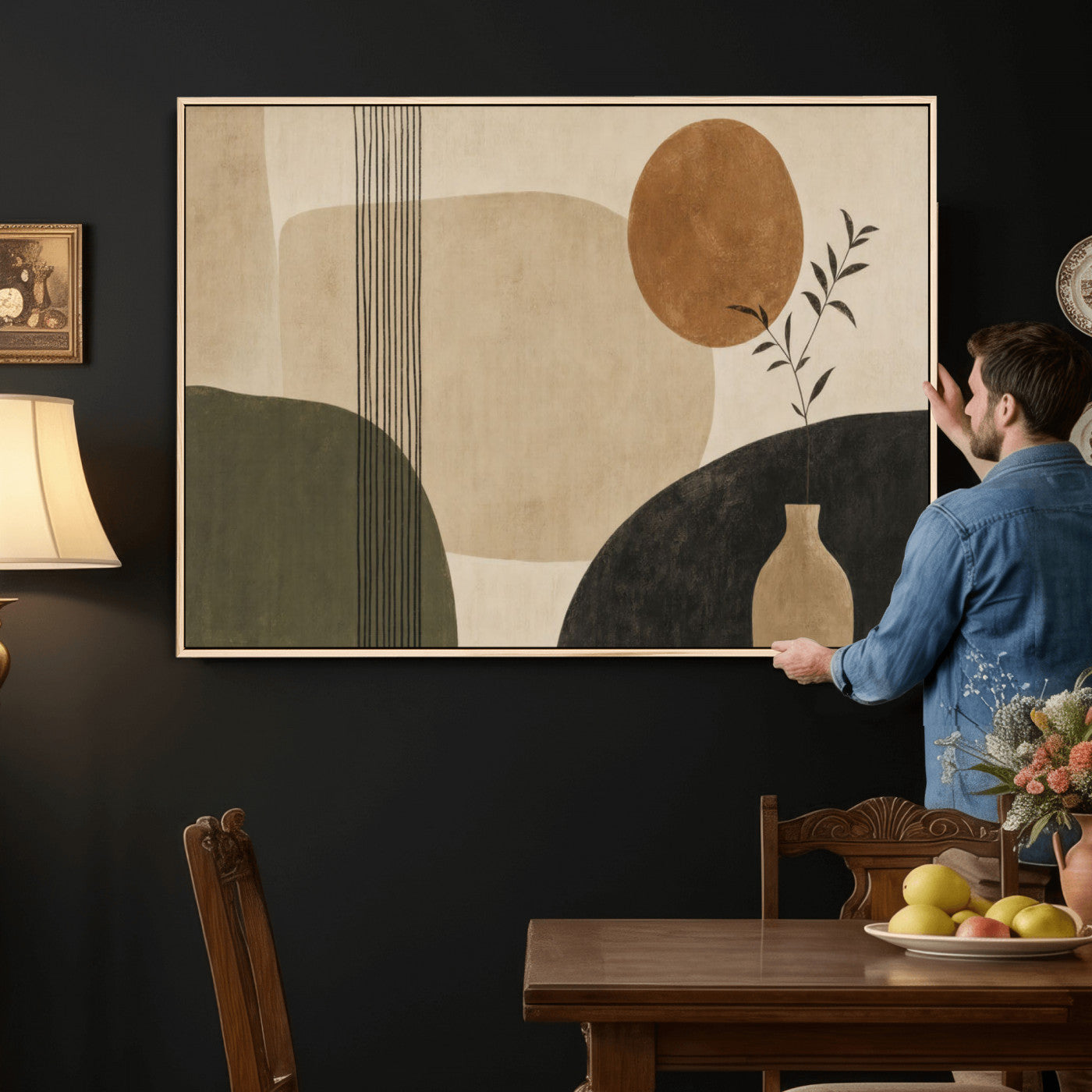 29113684-MGV-CV-36X24 - Japandi Minimalist Abstract Wall Art Canvas Print, Sage Green and Terracotta Sun Botanical Painting Print