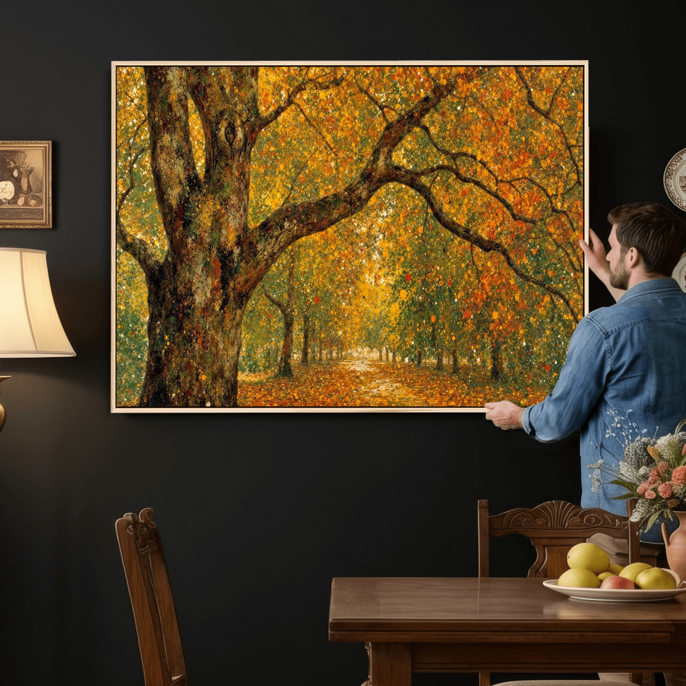 11536138-MGV-CV-36X24 - Vintage Autumn Forest Path Wall Art Canvas Print, Golden Leaves Impressionist Painting Print