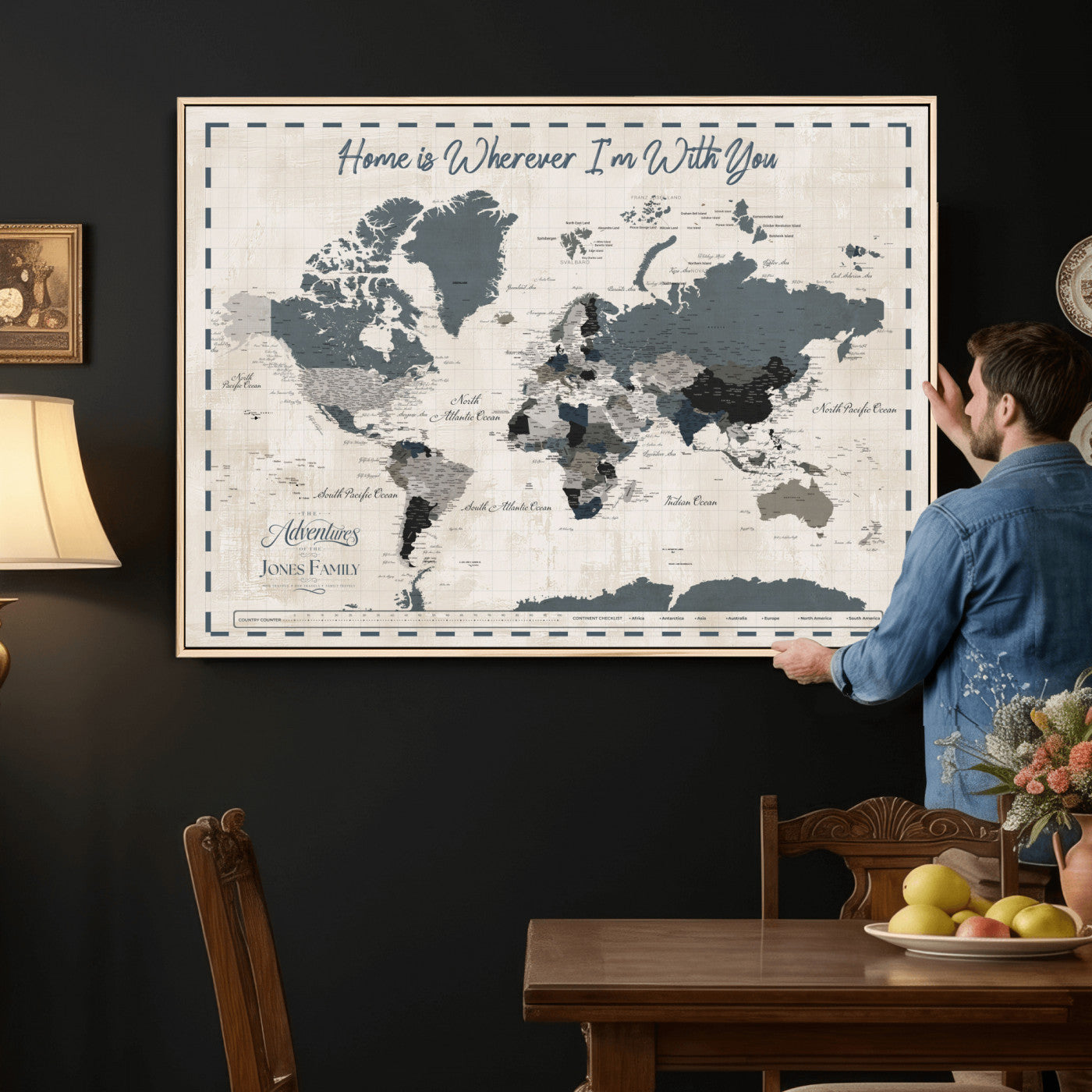 400867164-MGV-CV-36X24 - Framed Blue Custom Push Pin World Map Canvas Print – Personalized Travel Map Wall Art