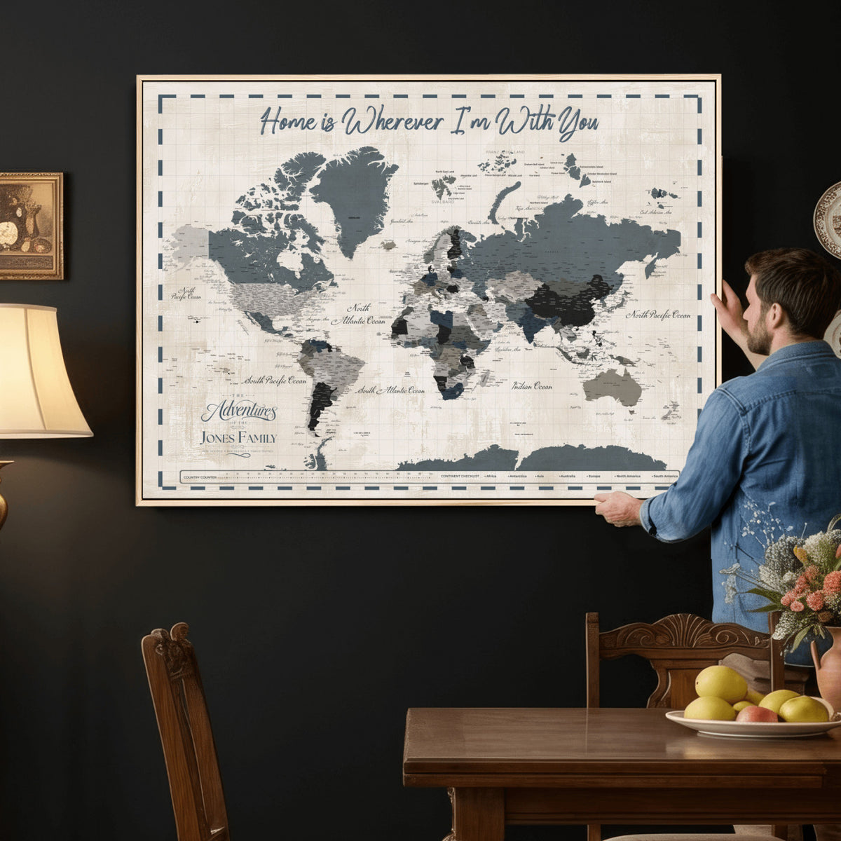 400867164-MGV-CV-36X24 - Framed Blue Custom Push Pin World Map Canvas Print – Personalized Travel Map Wall Art