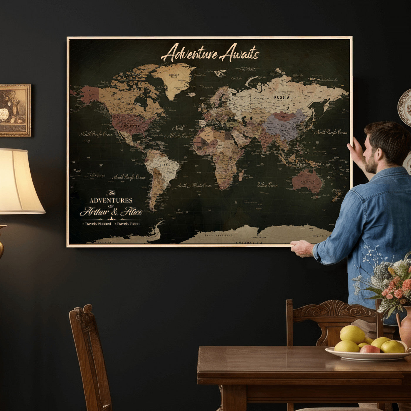 46935759-MGV-CV-36X24 - Custom Push Pin World Map Canvas | Personalized Travel Tracker | Wedding Anniversary Gift for Couples | Adventure Map Wall Art with Pins