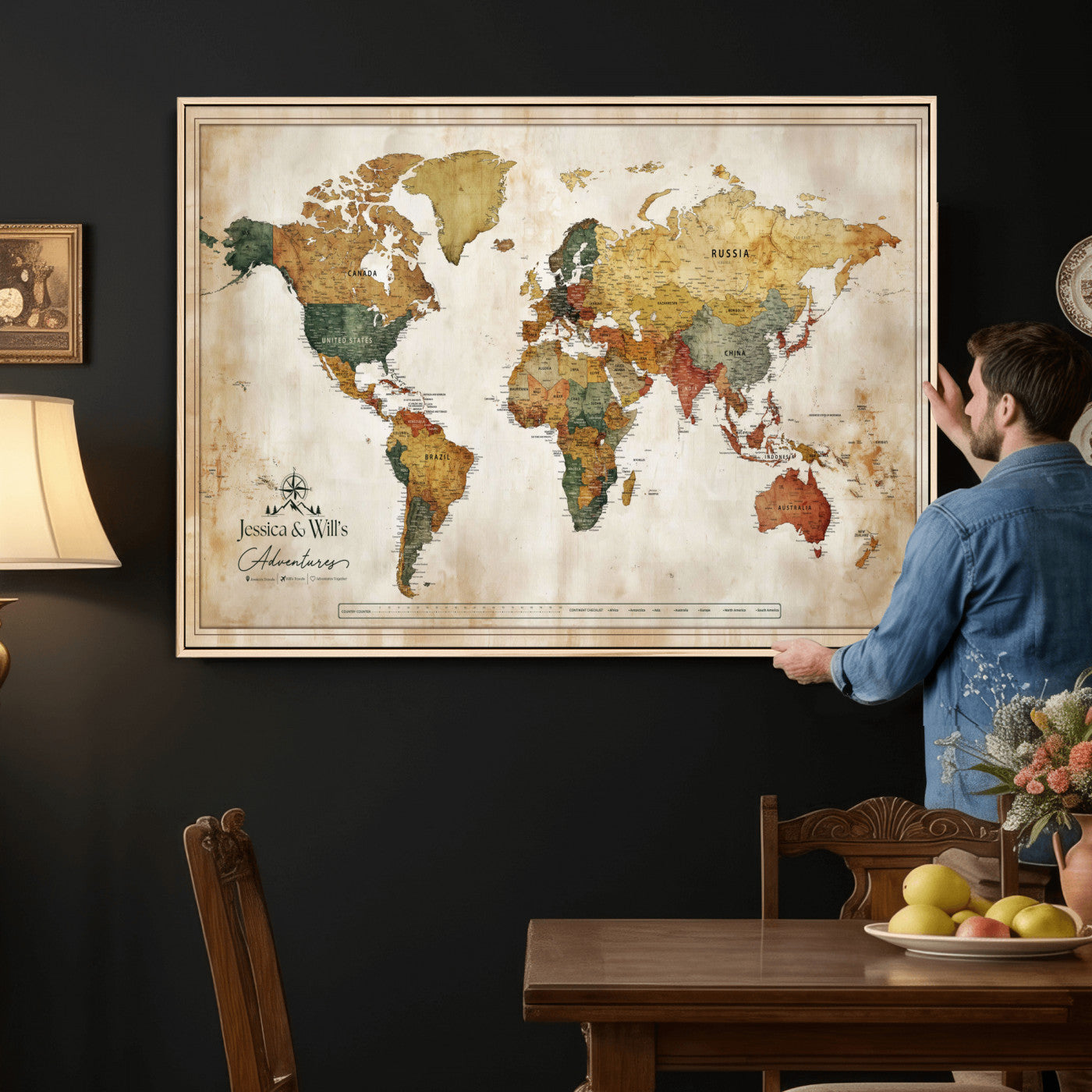 19542567-MGV-CV-36X24 - Custom Push Pin World Map Canvas | Personalized Travel Tracker | Wedding Anniversary Gift for Couples | Adventure Map Wall Art with Pins