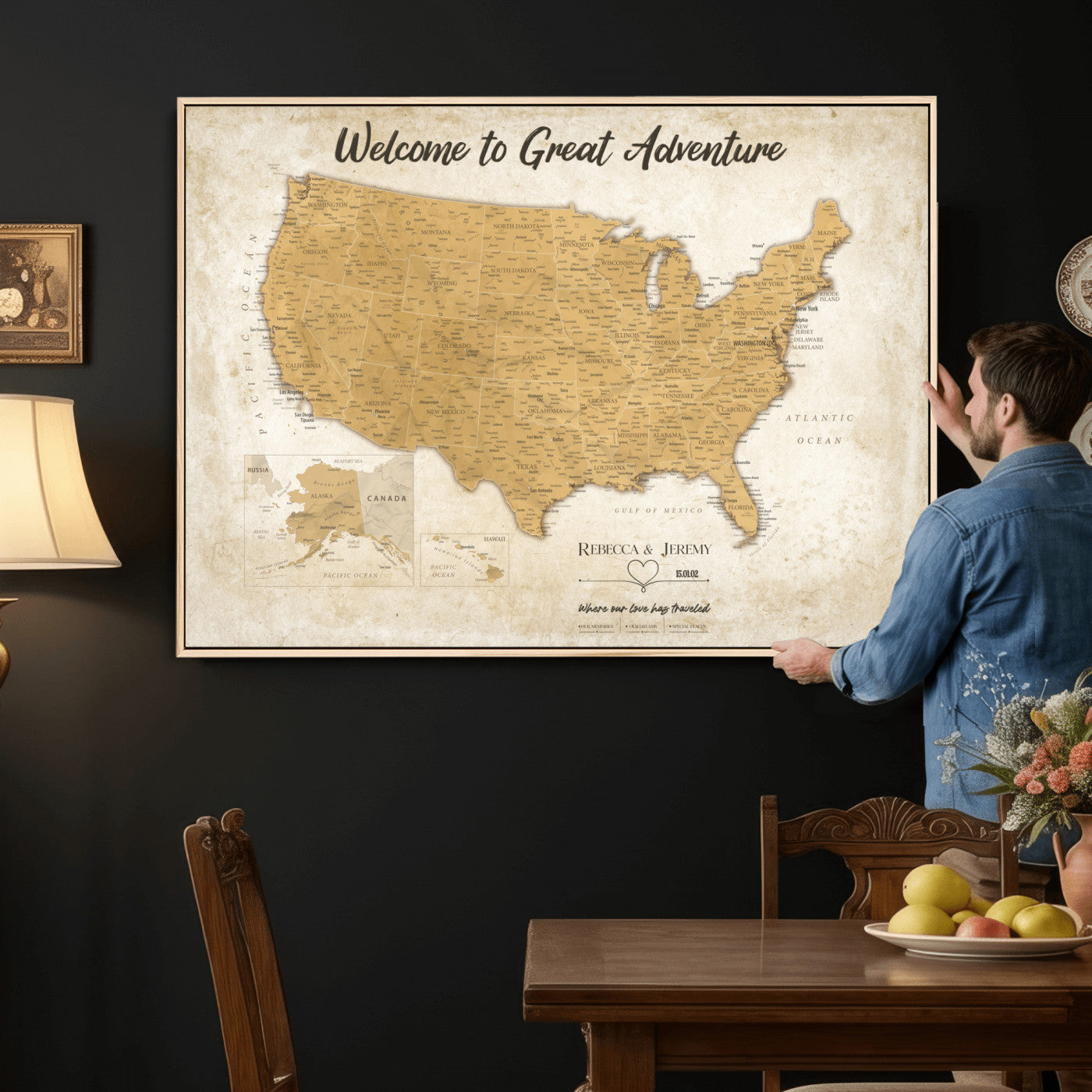 81437082-MGV-CV-36X24 - Custom Push Pin Travel USA Map Canvas Print, Cream Personalized Travel Tracker America Map, Anniversary Traveler Gift