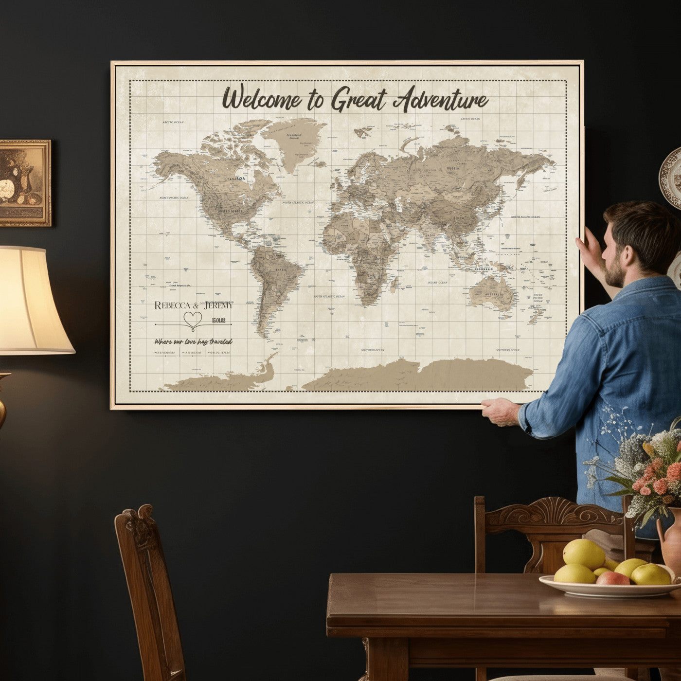 51180020-MGV-CV-36X24 - Custom Push Pin Travel Map Canvas Print, Cream Personalized Travel Tracker Map, Anniversary Gift, Vintage World Map Wall Art